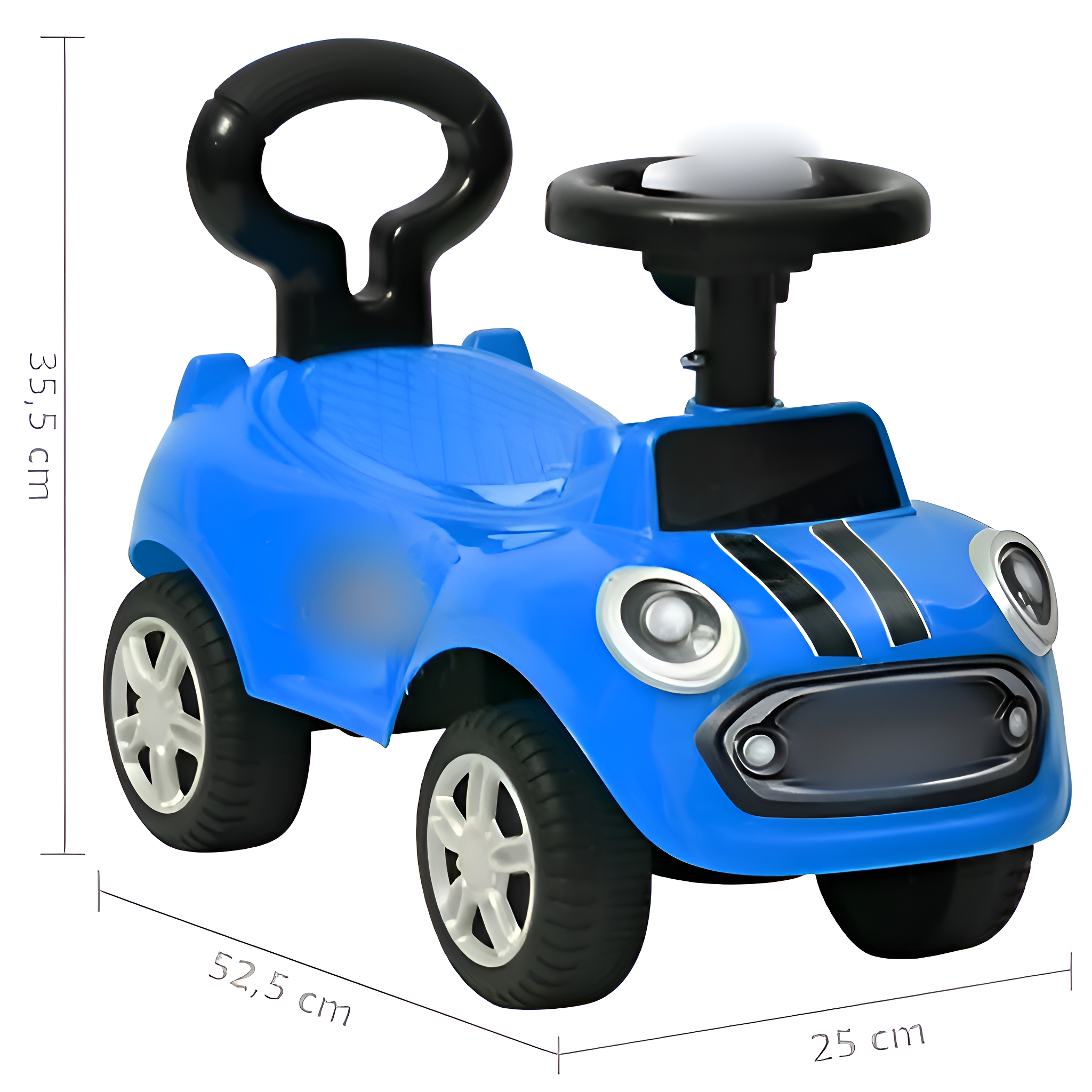 Ein blaues Spielzeugauto mit schwarzem Griff, Lenkrad und Rädern. Abmessungen sind angegeben.