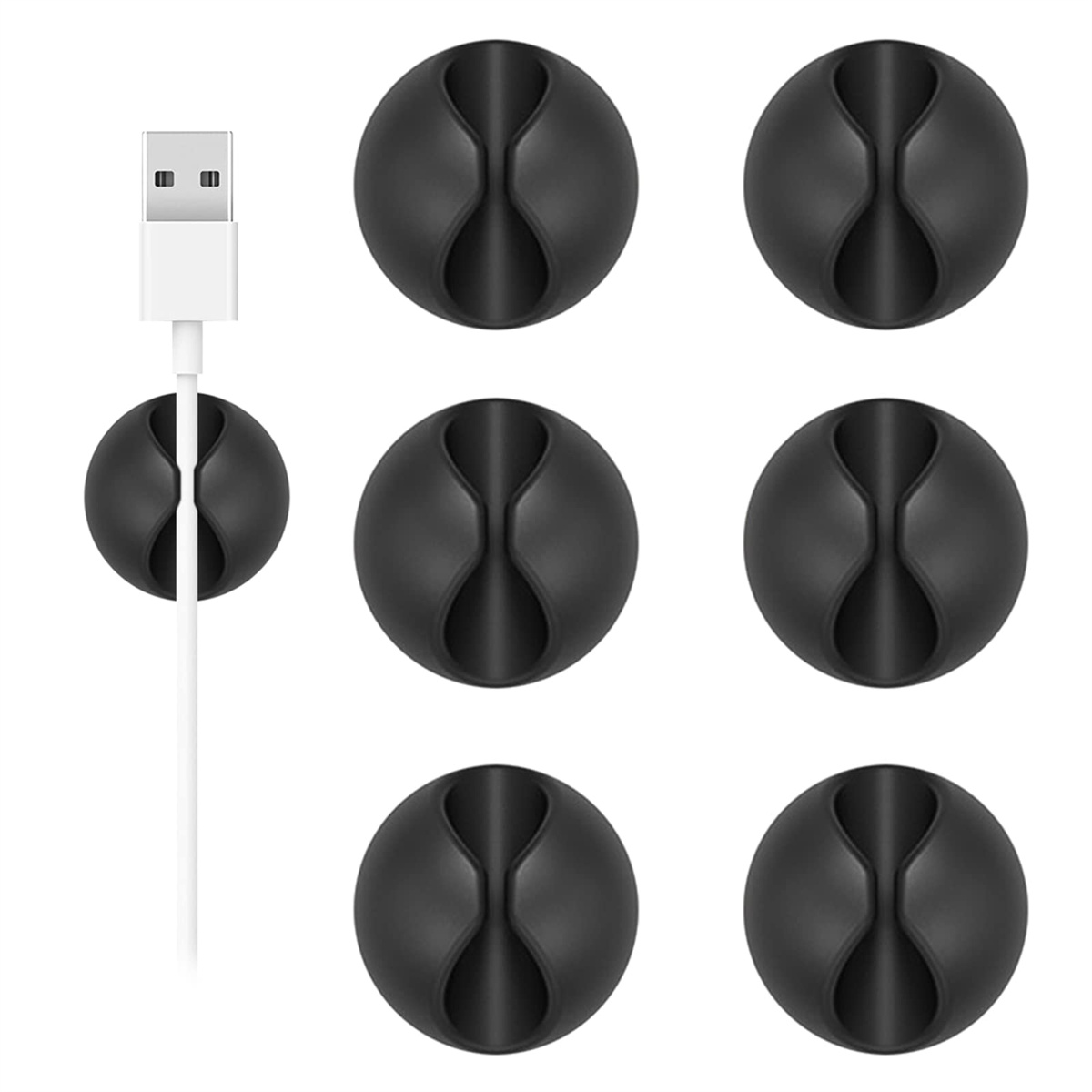 Schwarze Kabel-Organizer in Kreisform. Weißes Kabel und weißer USB-Anschluss.