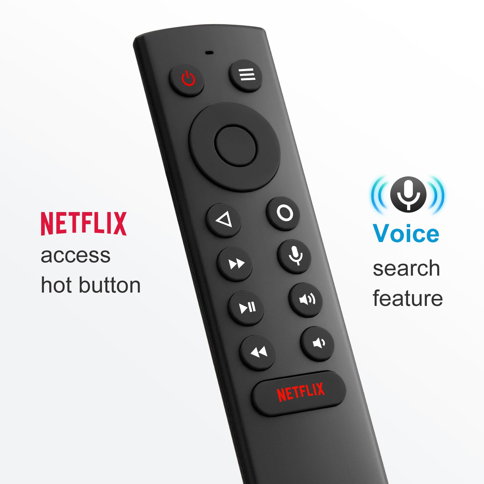 Schwarze Fernbedienung mit Tasten, einschließlich Netflix und Sprachsuche.