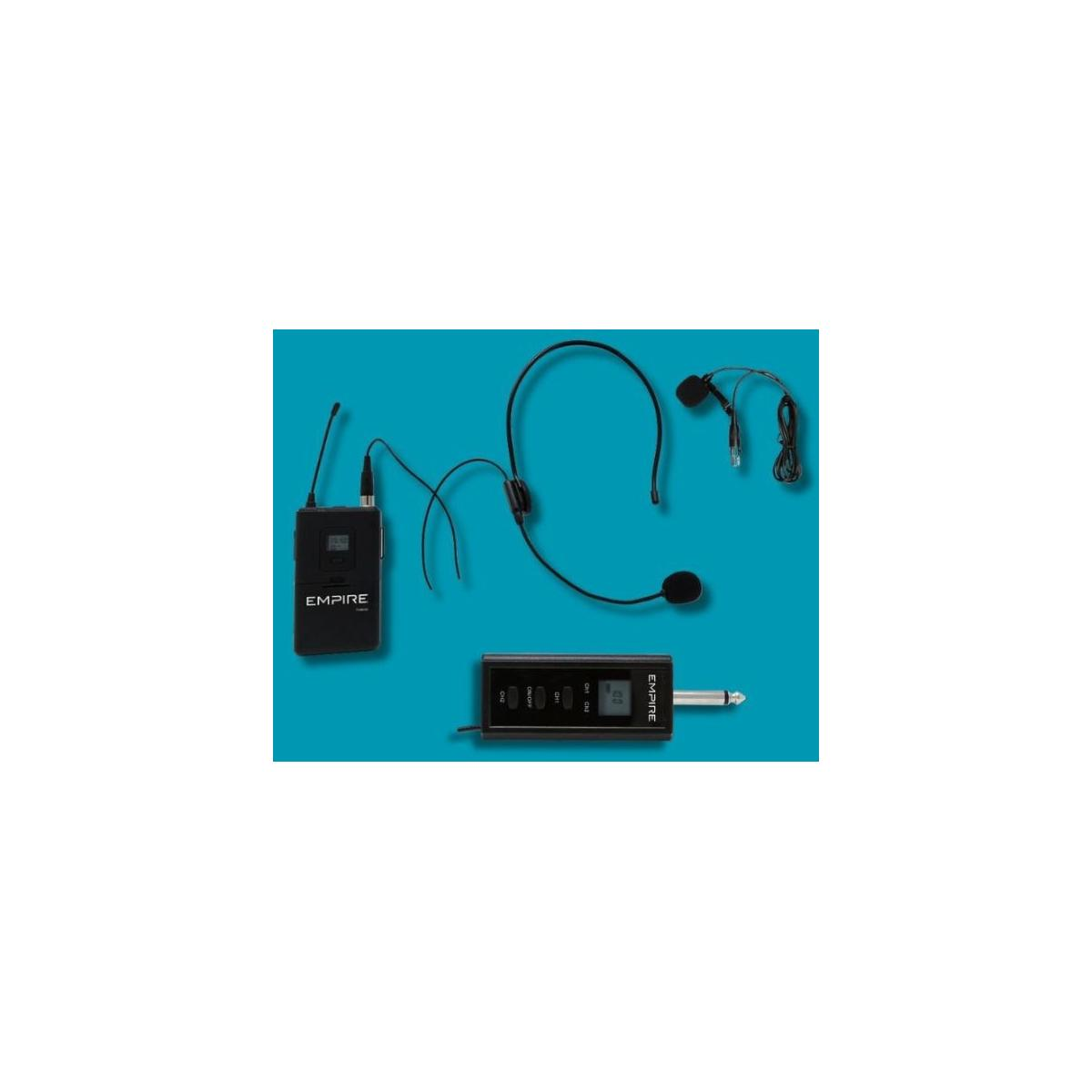 Sistema microfonico wireless: ricevitore, trasmettitore, cuffie e microfono lavalier.