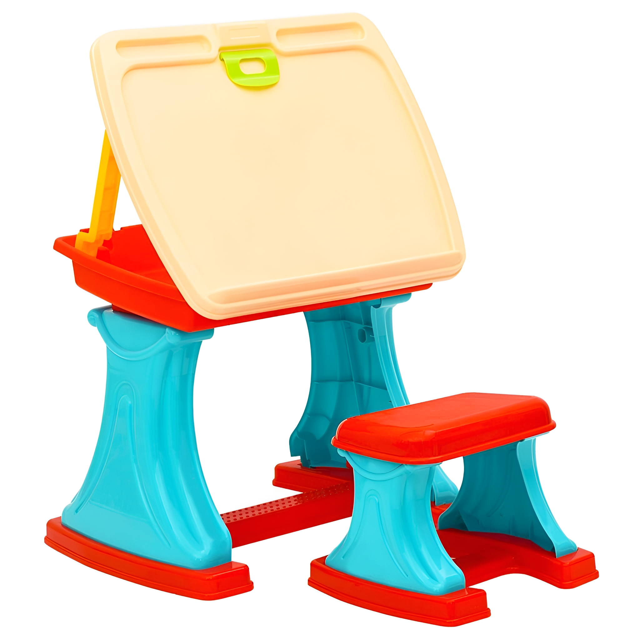 Ein farbenfrohes Plastik-Schreibtisch-Set für Kinder, inklusive Schreibtisch und Stuhl.