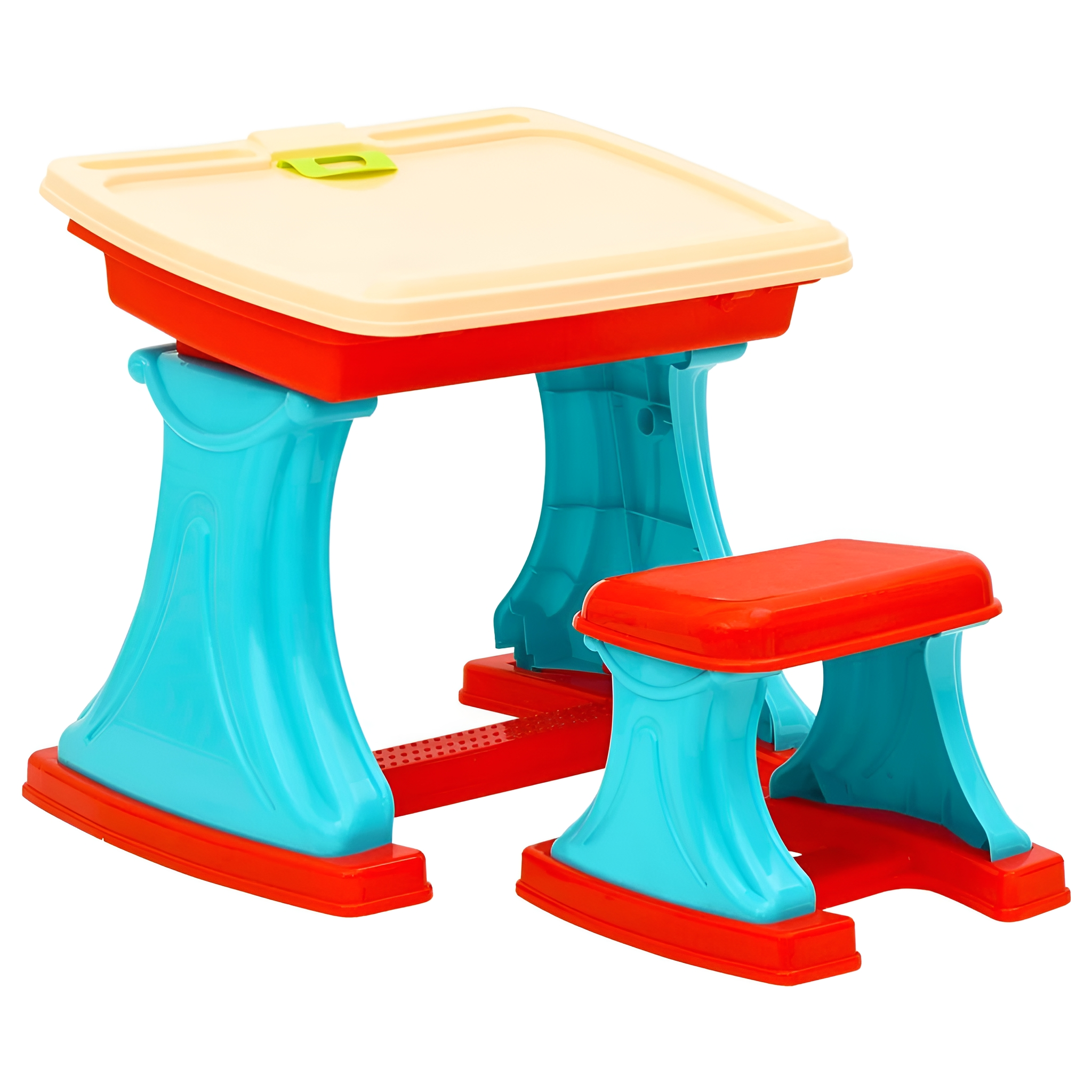Ein rotes, blaues und cremefarbenes Kinderschreibtisch- und Hockersatz. Das Set befindet sich auf weißem Hintergrund.
