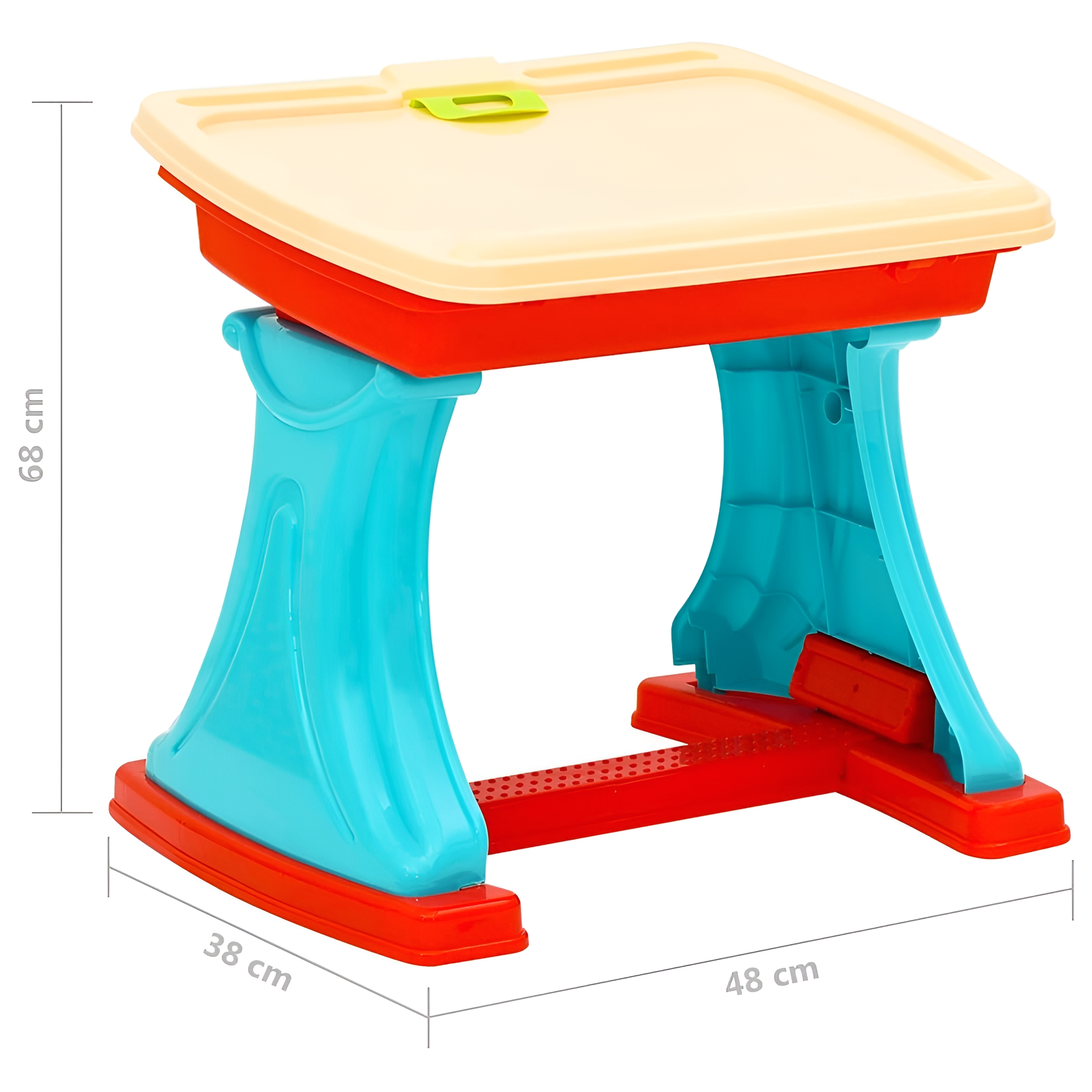 Ein farbenfroher Kindermal-Tisch mit Maßen, rote und blaue Beine.