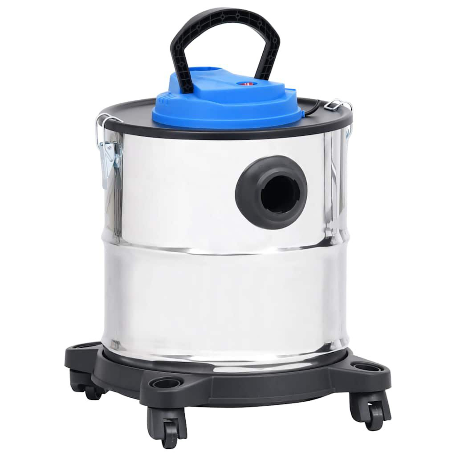 Ein Staubsauger aus Edelstahl. Er hat einen blauen Deckel und einen schwarzen Griff. Er steht auf Rädern.