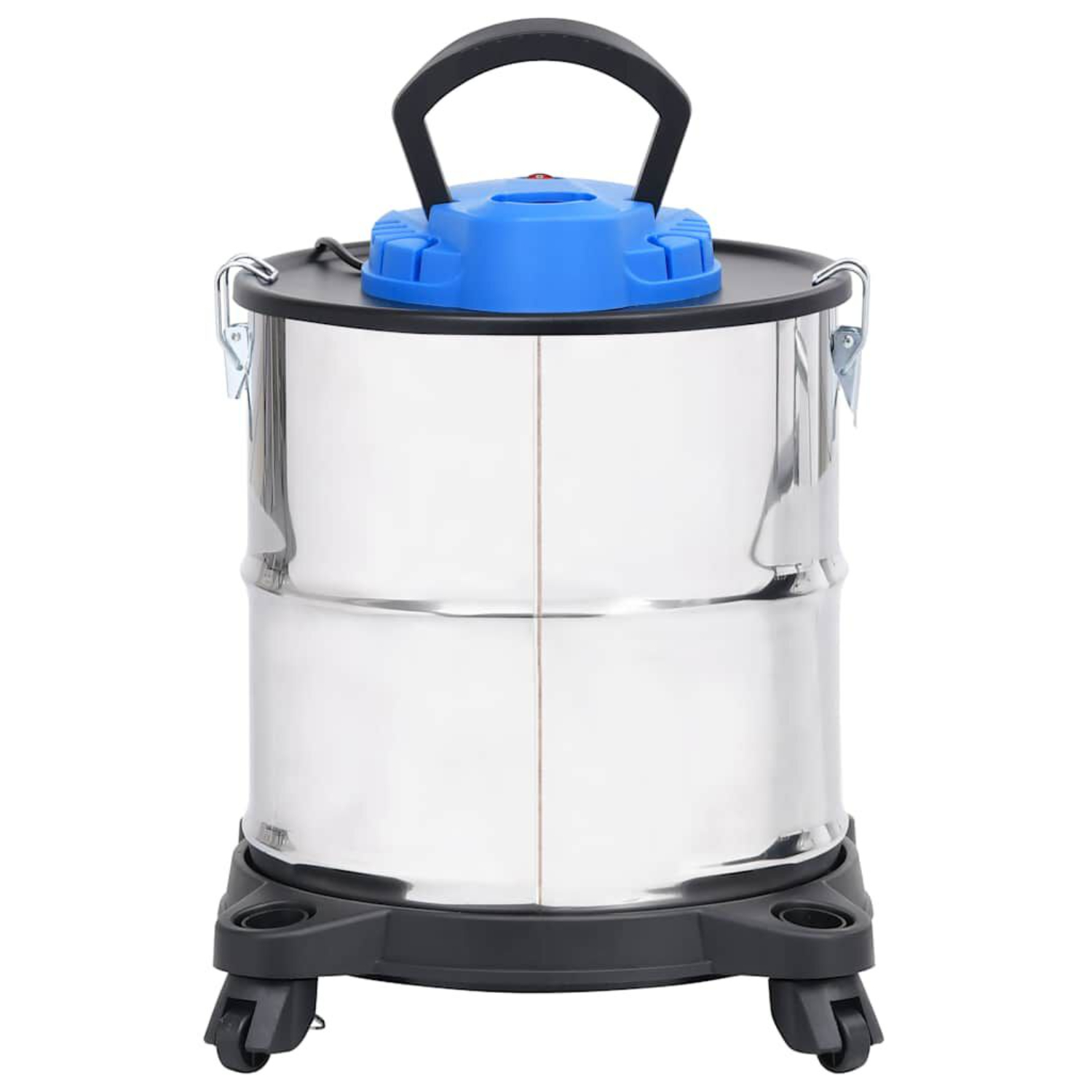 Ein Edelstahl-Staubsauger mit blauem Deckel und schwarzen Rädern.
