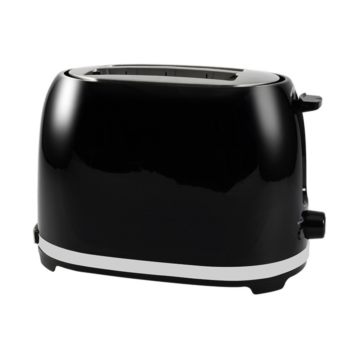 Ein schwarzer Toaster mit weißer Verkleidung. Er hat zwei Schlitze oben und Bedienelemente an der Seite.