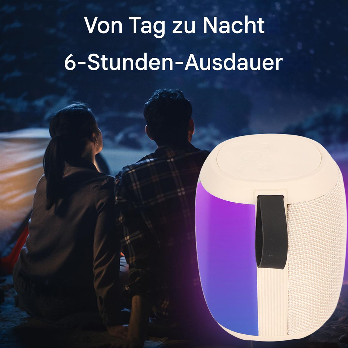 Weiß-lila Lautsprecher mit schwarzem Griff. Er befindet sich in einer dunklen Umgebung.