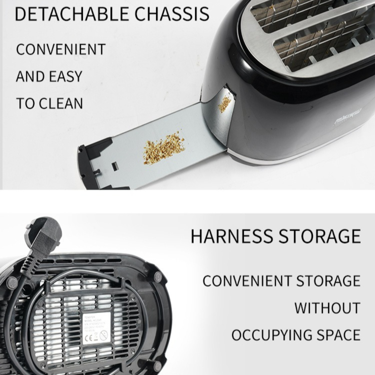 Ein schwarzer Toaster mit herausnehmbarer Krümelschublade und Text über praktische Aufbewahrung.