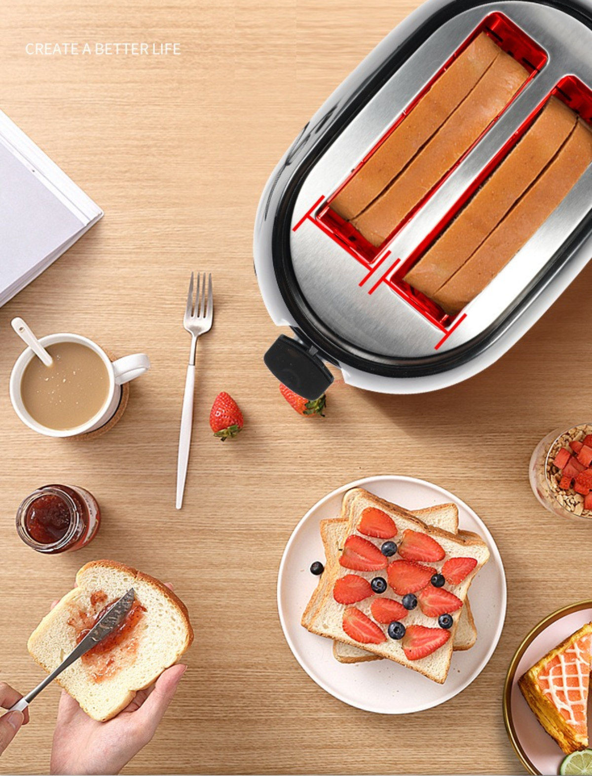 Frühstücksszene mit Toast, Marmelade und Kaffee. Eine Person bestreicht Brot mit Marmelade.