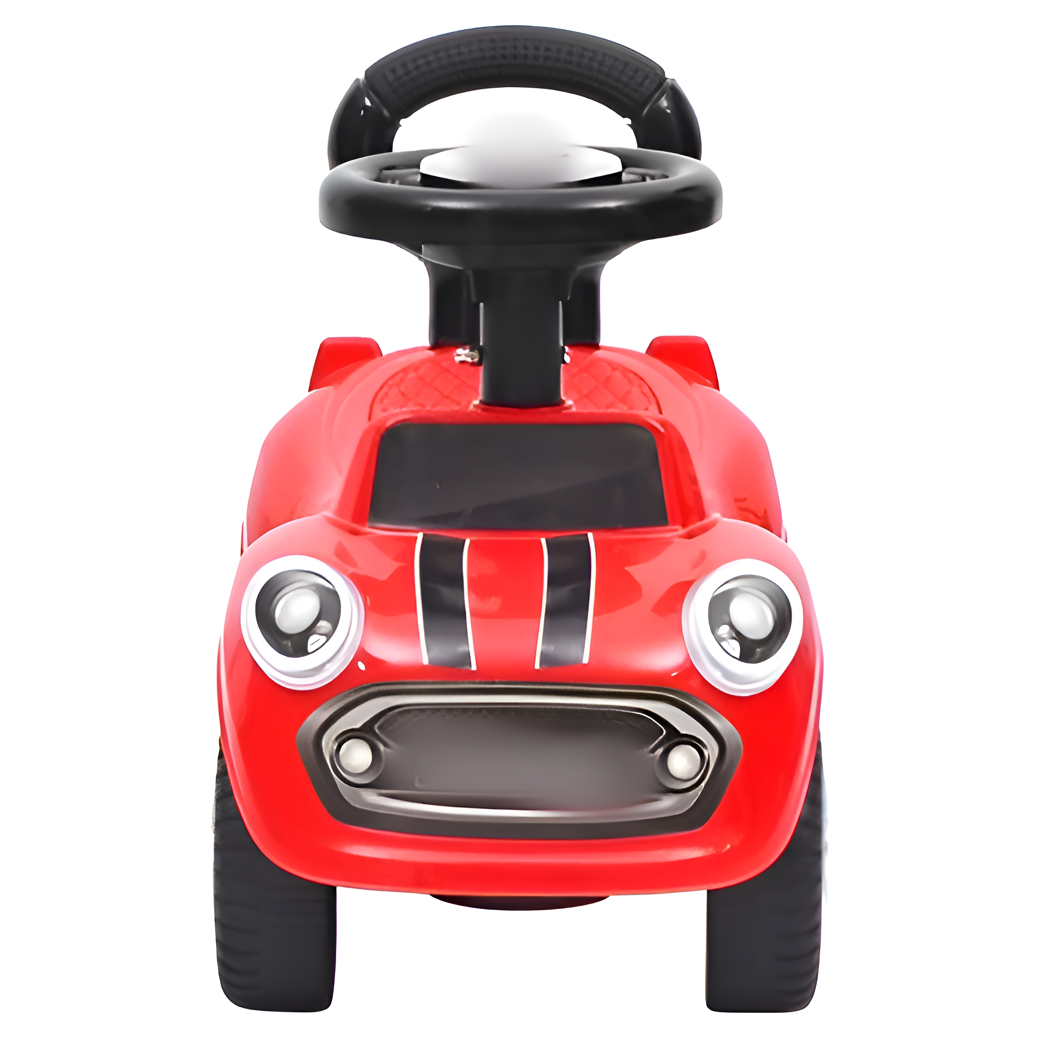 Rotes Spielzeugauto, schwarzes Lenkrad. Weißer Hintergrund.