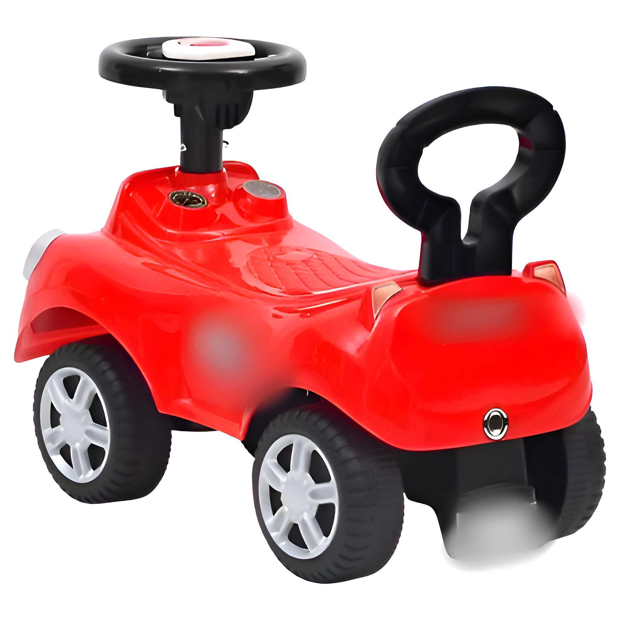 Ein rotes Spielzeugauto zum Aufsitzen mit schwarzen Rädern, Lenkrad und Griff.