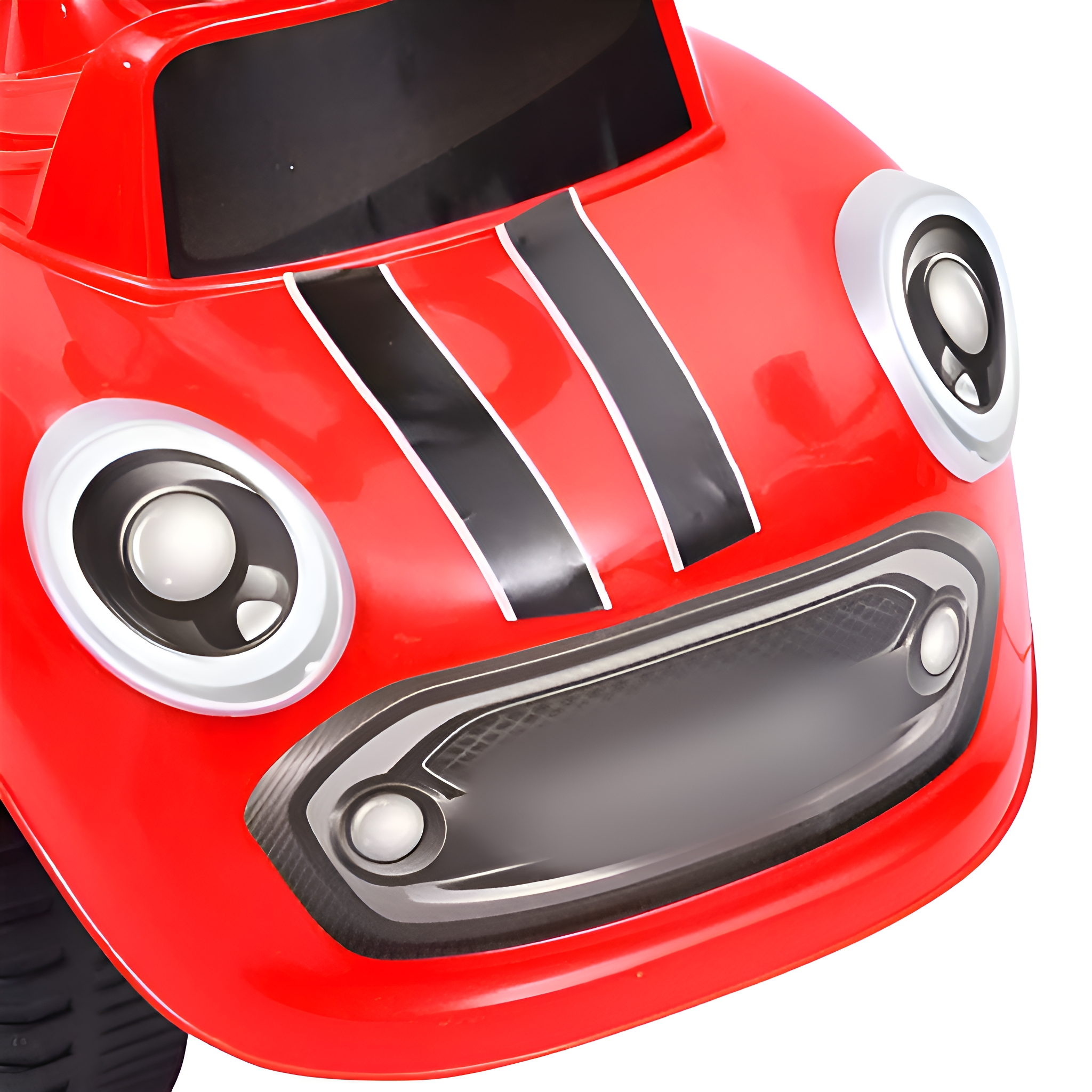 Rote Spielzeugautofront mit schwarzen Streifen, Scheinwerfern und schwarzem Kühlergrill.