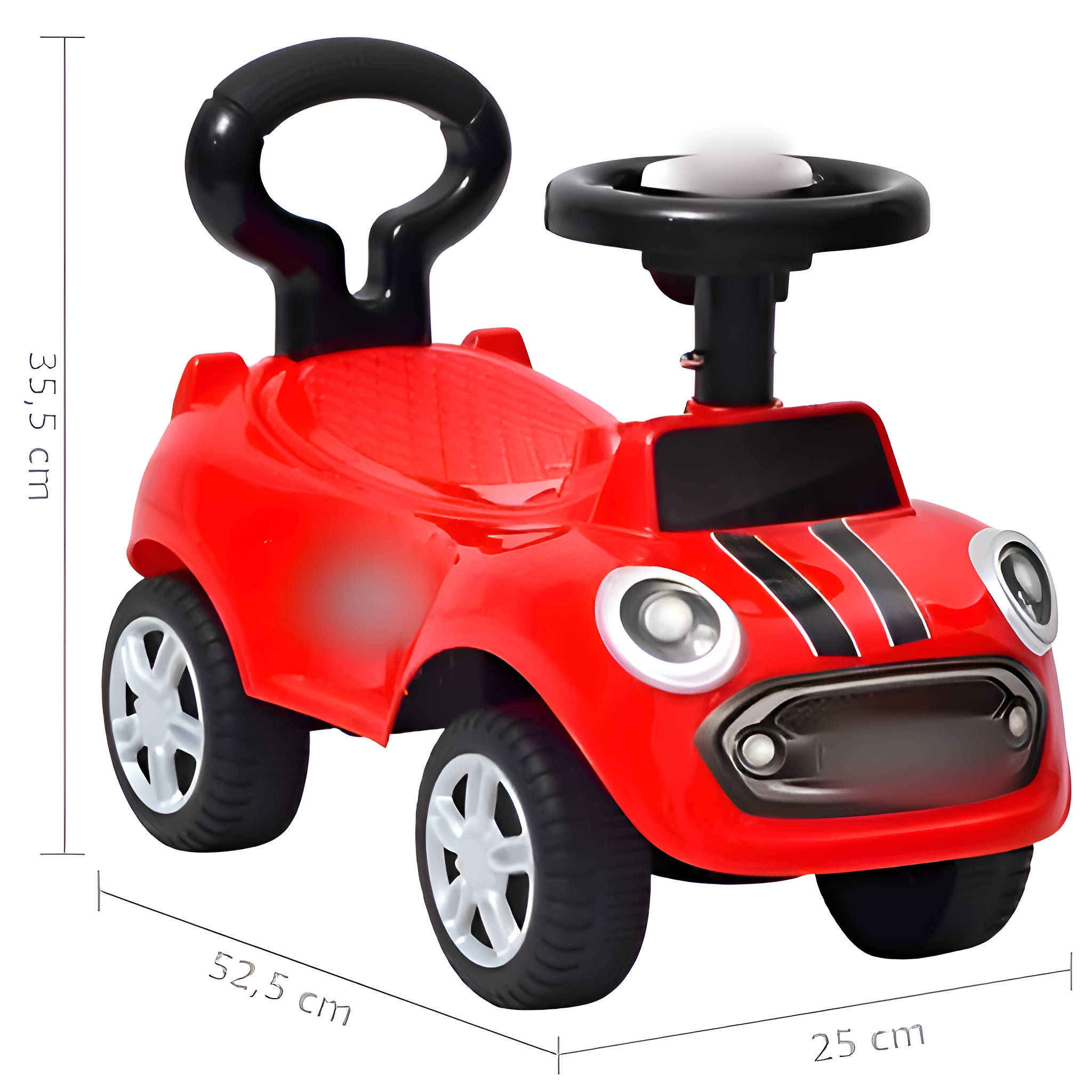 Rotes Spielzeugauto mit schwarzem Griff, schwarz-weißen Rädern und Maßangaben in Zentimetern.