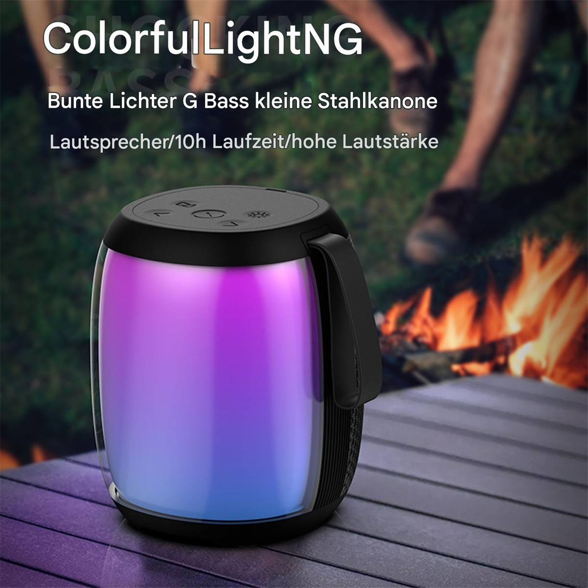 Ein farbenfroher Lautsprecher auf einer Holzoberfläche mit Griff. Lichter strahlen vom Lautsprecher aus.