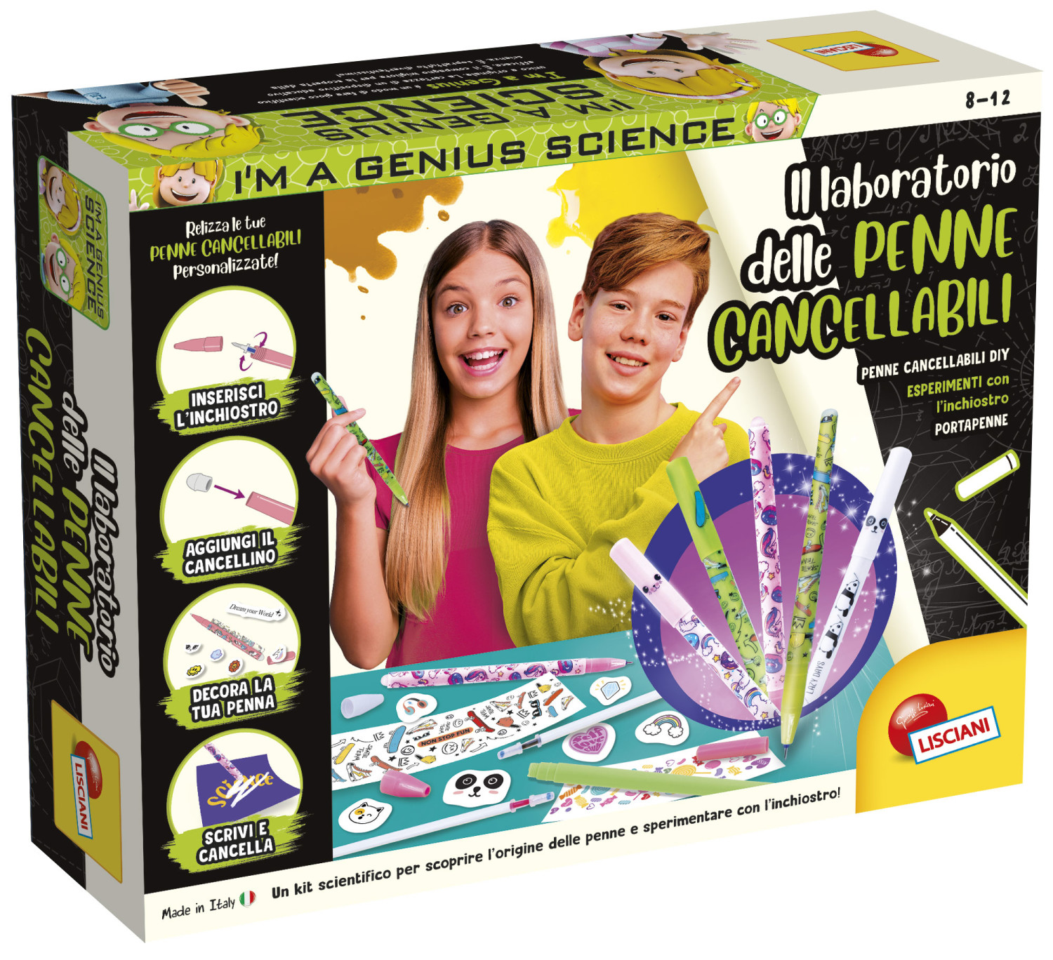 I'm a Genius Science Set-Box. Zwei Kinder lächeln, mit Stiften und einem DIY-Kit.