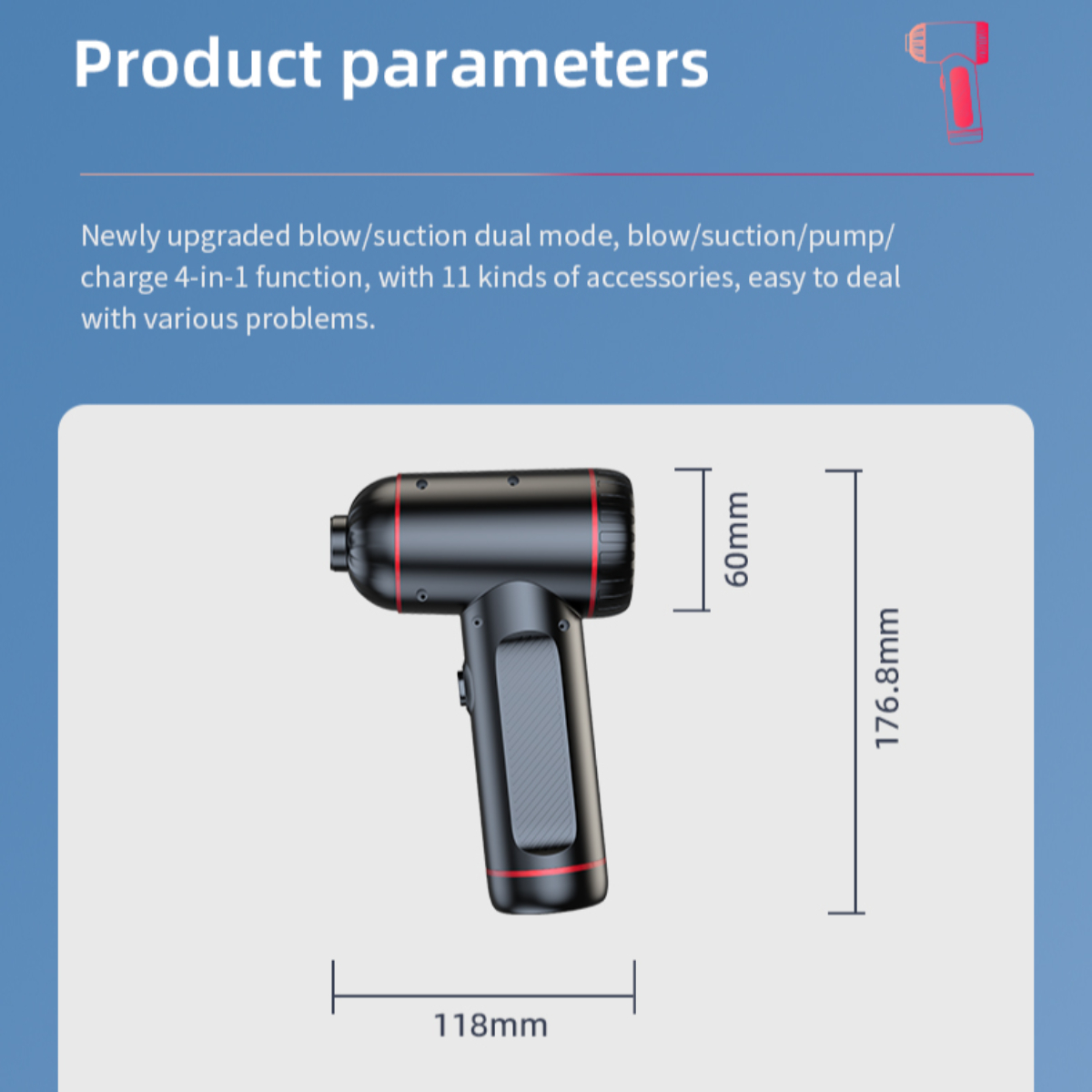Ein schwarz-rotes Handgerät mit angegebenen Abmessungen. Es steht Blow/Suction Dual Mode drauf.