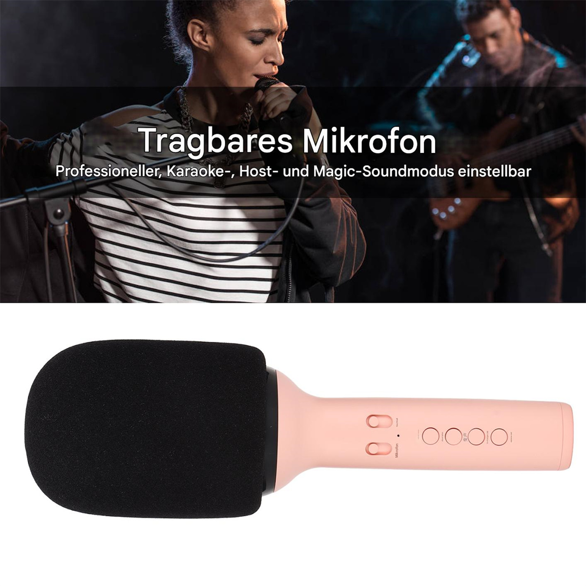 Rosa Mikrofon mit schwarzem Bezug, im Hintergrund singende Frau und Mann mit Gitarre.