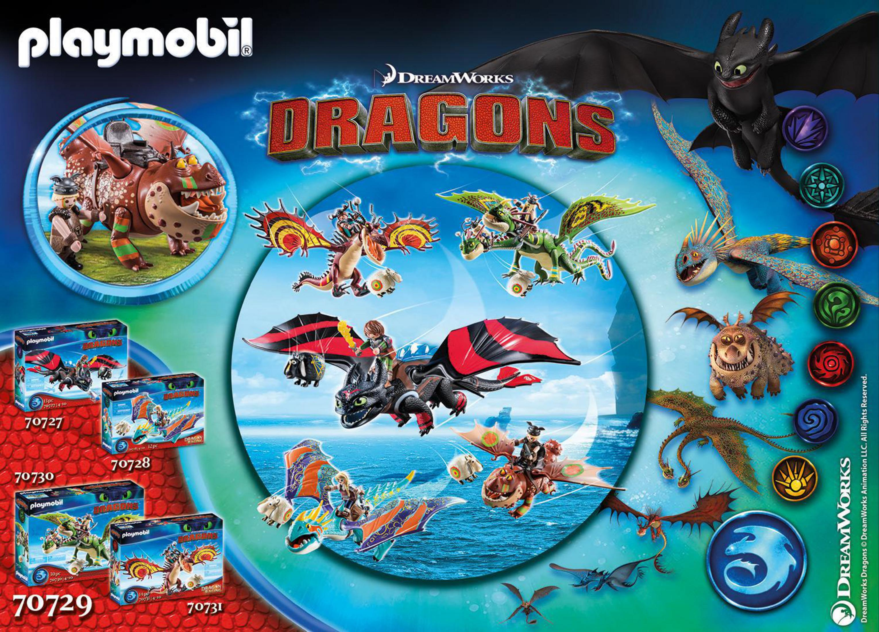 Ein Playmobil Dragons-Box-Set mit verschiedenen Drachenfiguren und einem Drachen-Themen-Poster.