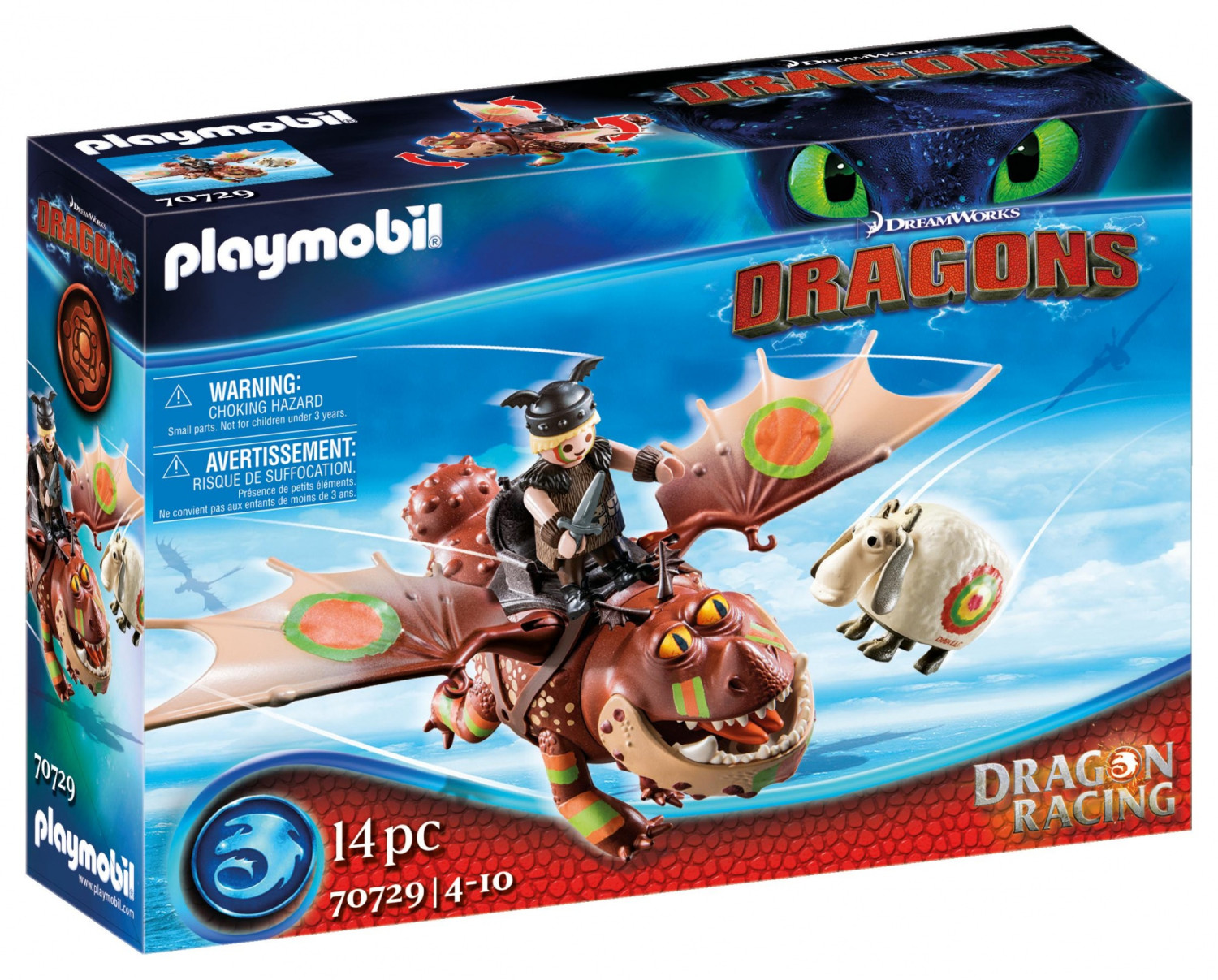Eine Playmobil-Box mit einer Drachenrennenszene, in der eine Figur auf einem Drachen reitet.