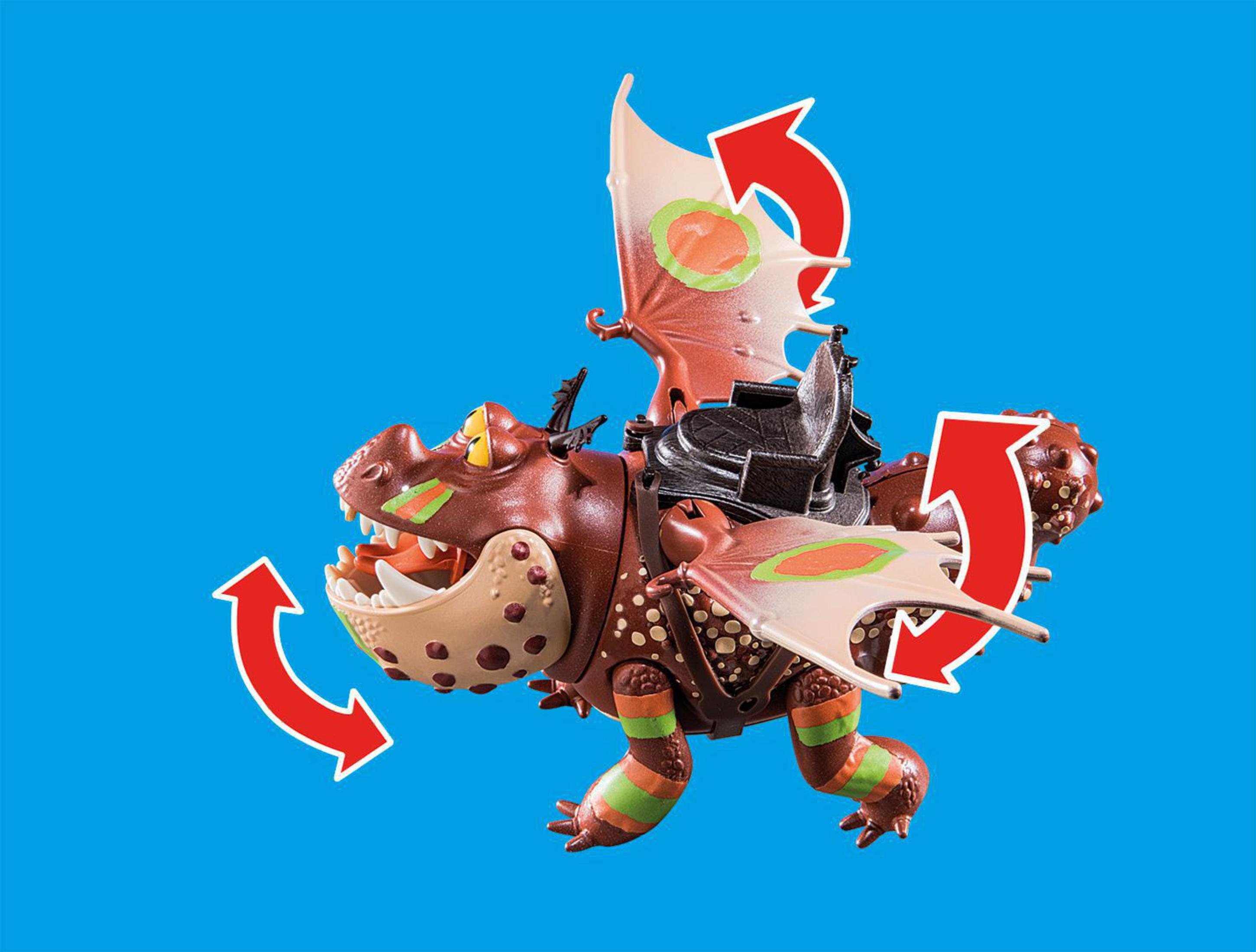 Braune Drachen-Spielfigur mit grünen und orangen Markierungen. Rote Pfeile zeigen die Bewegungsrichtung. Blauer Hintergrund.