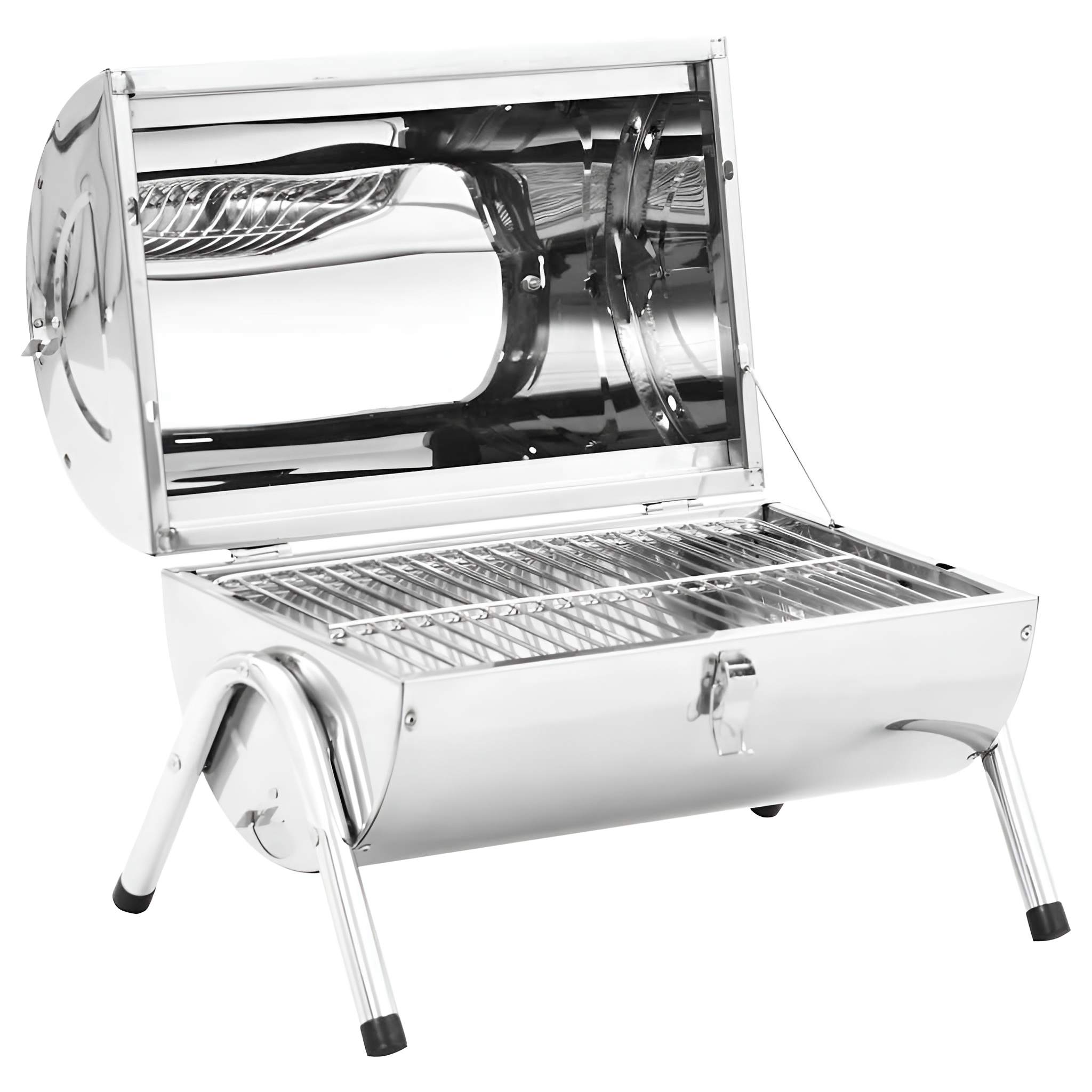 Ein glänzender Grill aus Edelstahl mit geöffnetem Deckel, bereit für den Einsatz.
