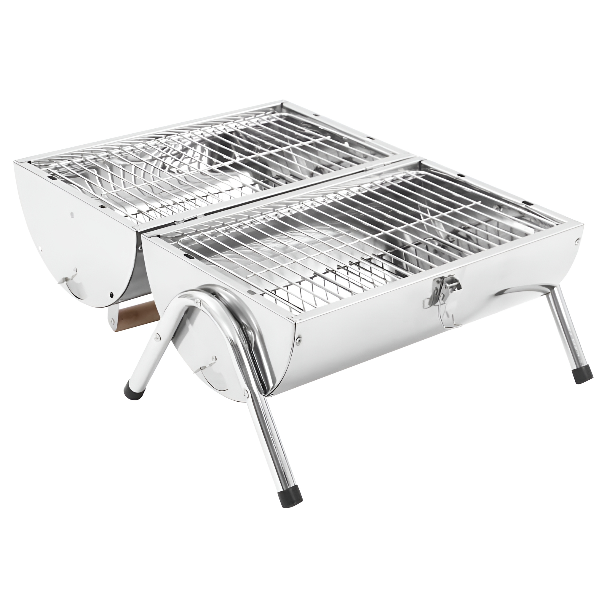 Silberner, faltbarer Grill aus Edelstahl mit Drahtrosten und Beinen auf weißem Hintergrund.