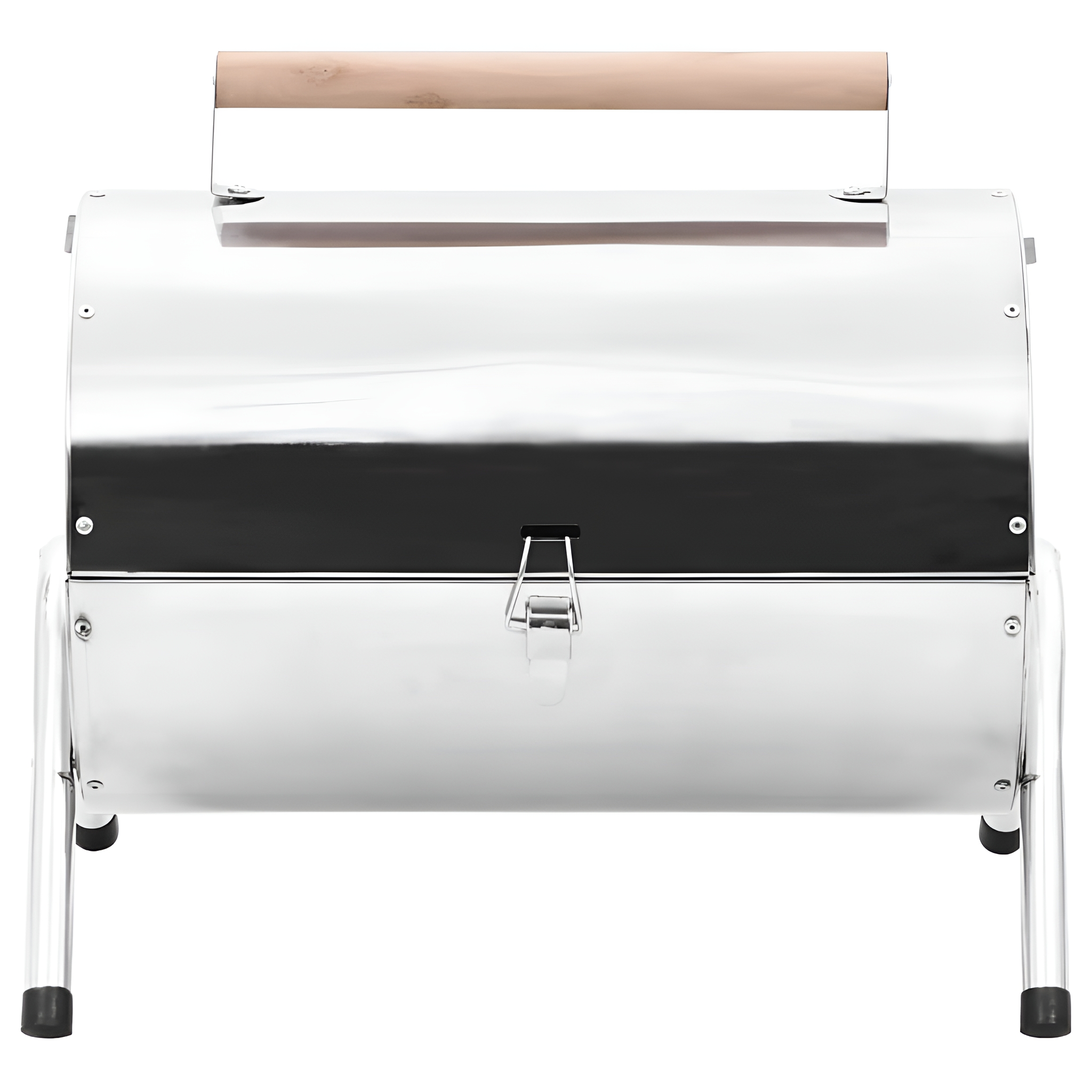 Ein silberner Metallgrill mit Holzgriff. Er hat einen Deckel und Metallbeine.