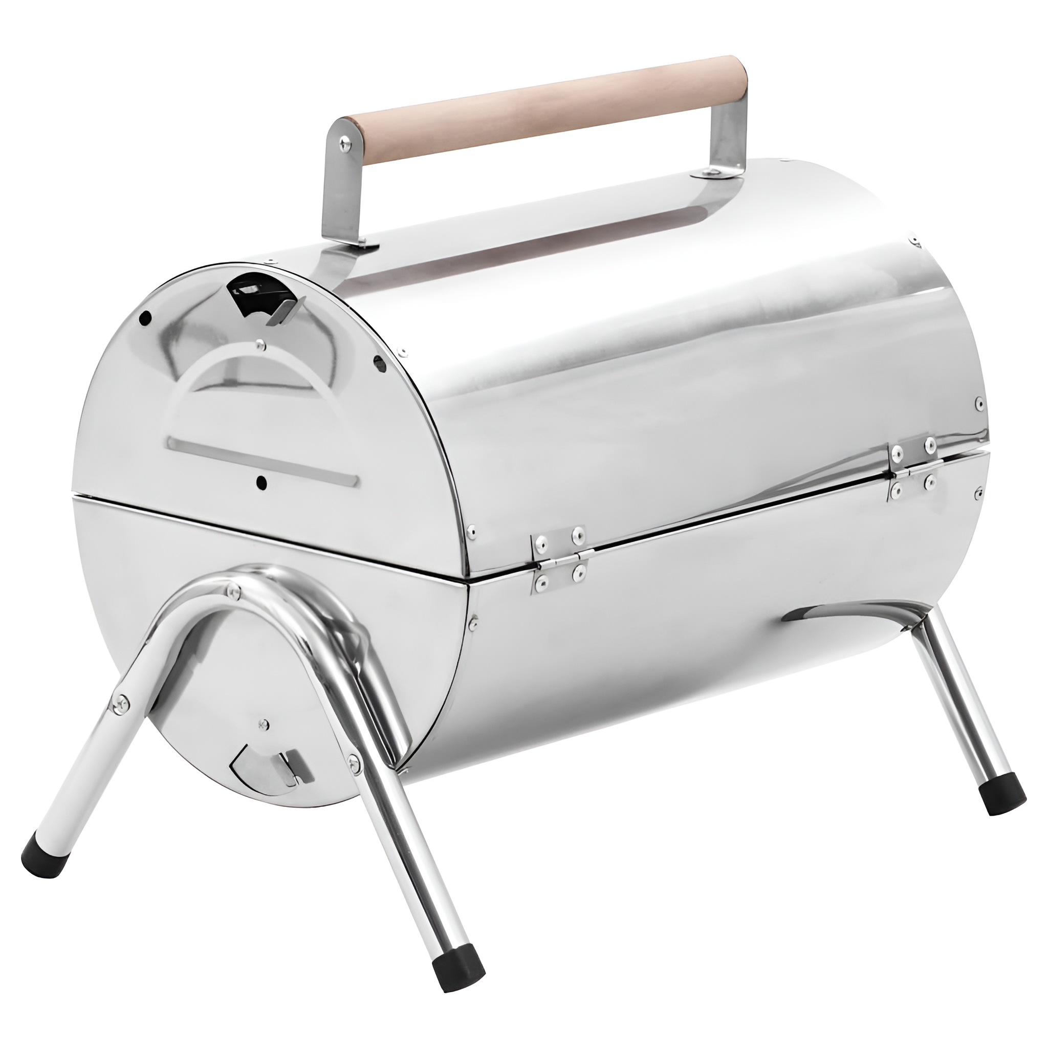 Silberner tragbarer Grill mit Holzgriff und Beinen.