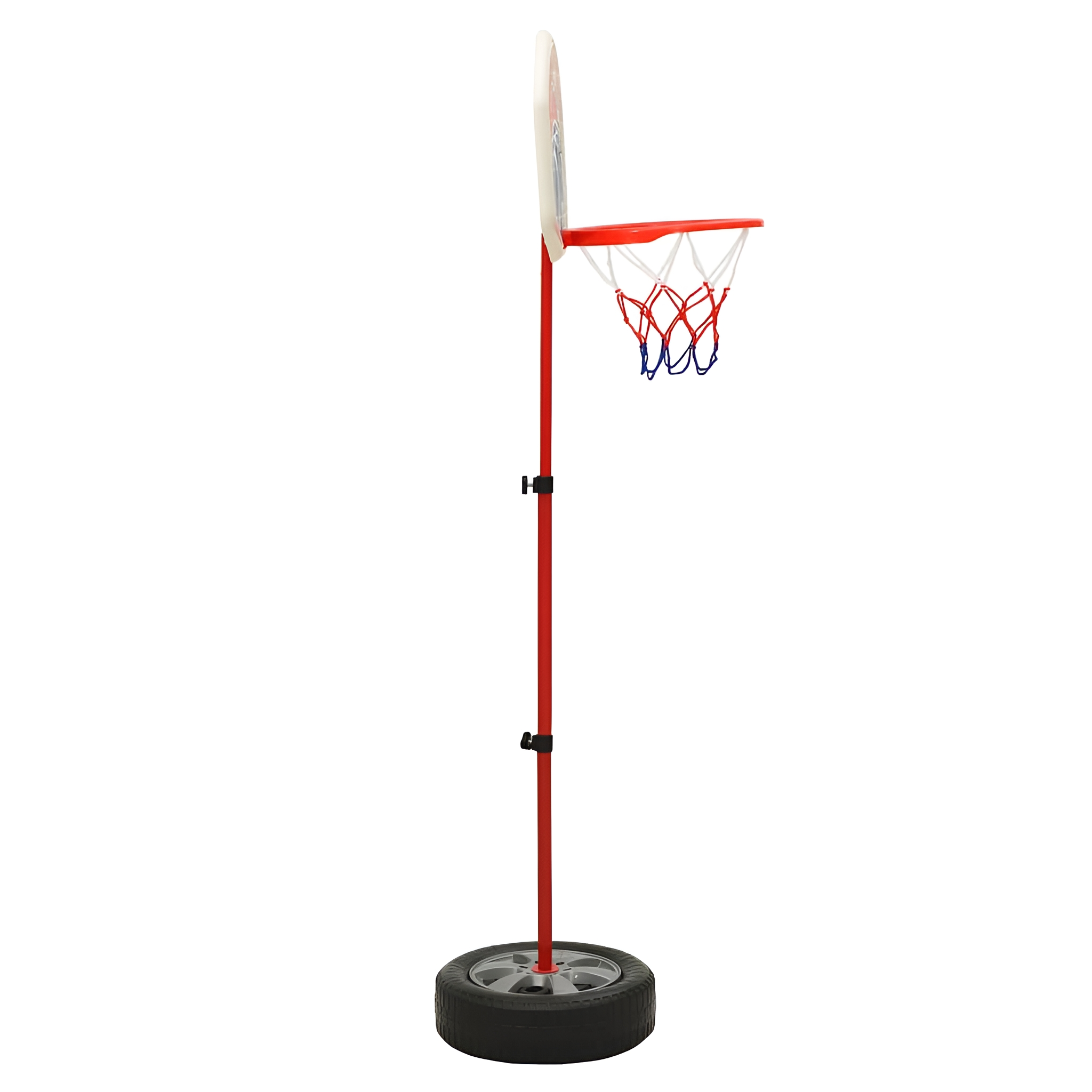 Ein rot-weißer Basketballkorb auf schwarzer Radbasis. Das Netz ist blau und rot.