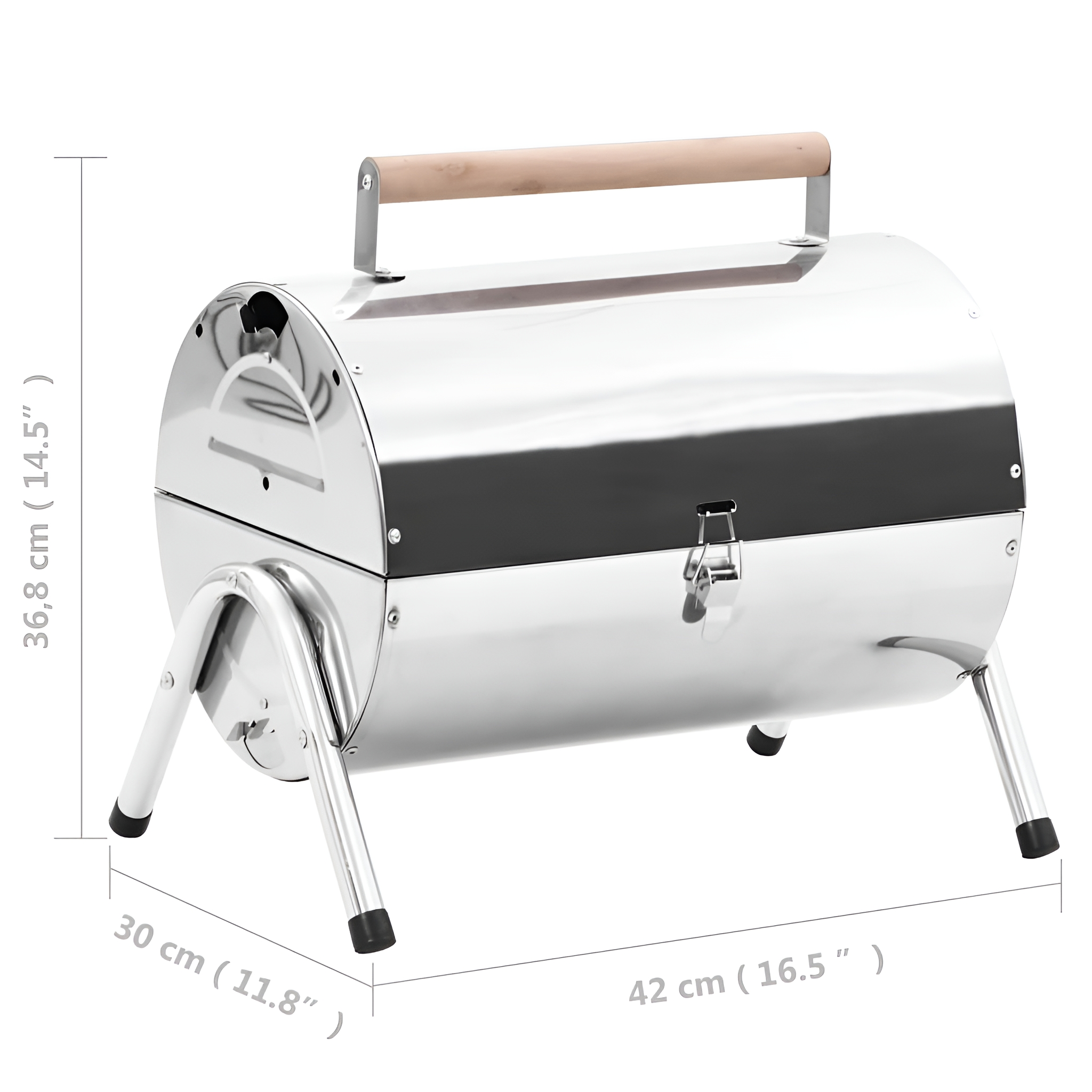 Glänzender silberner Grill mit Maßangaben (14,5" x 11,8" x 16,5"). Mit Holzgriff.