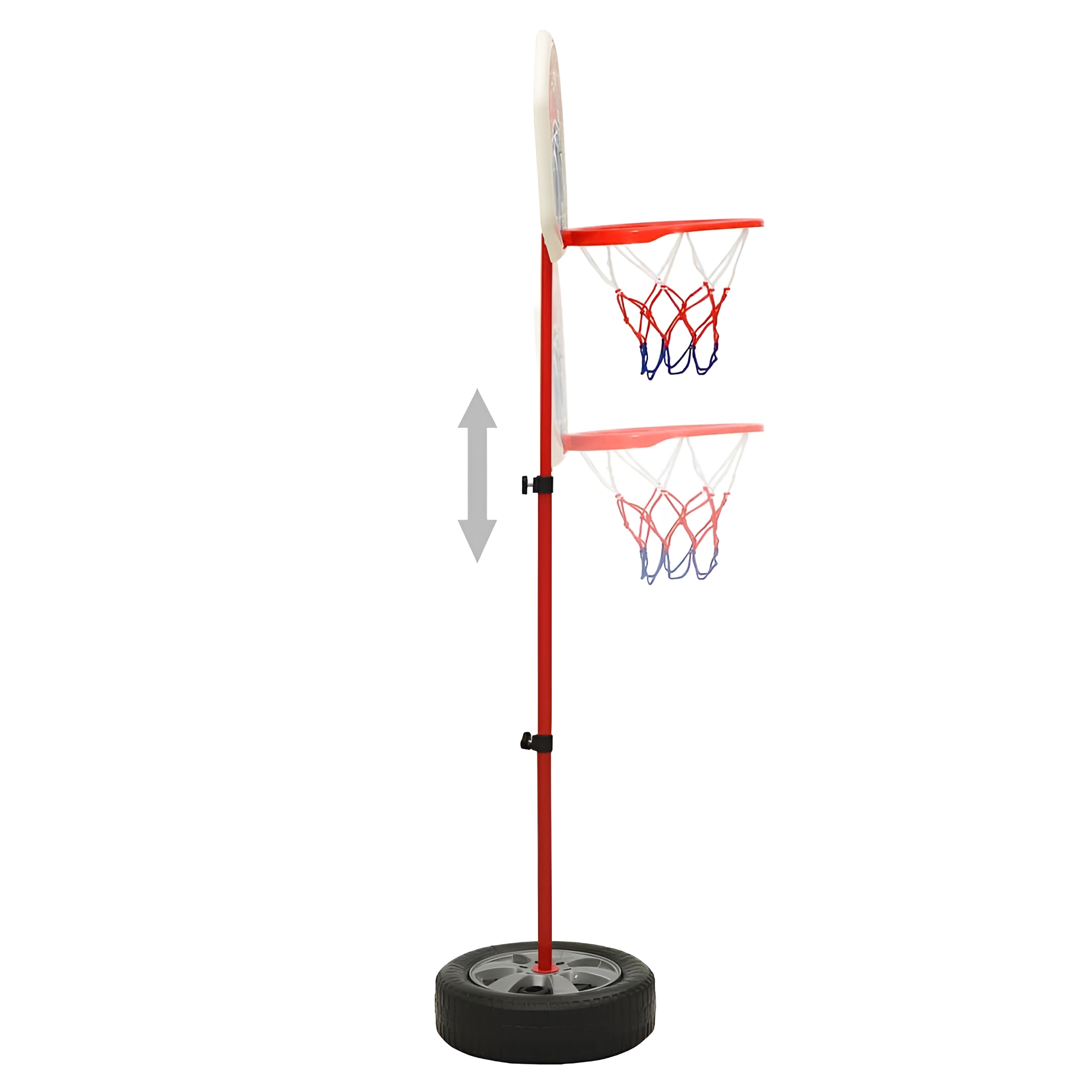 Verstellbarer Basketballkorb, roter Pfosten, zwei Netze, schwarze Basis.