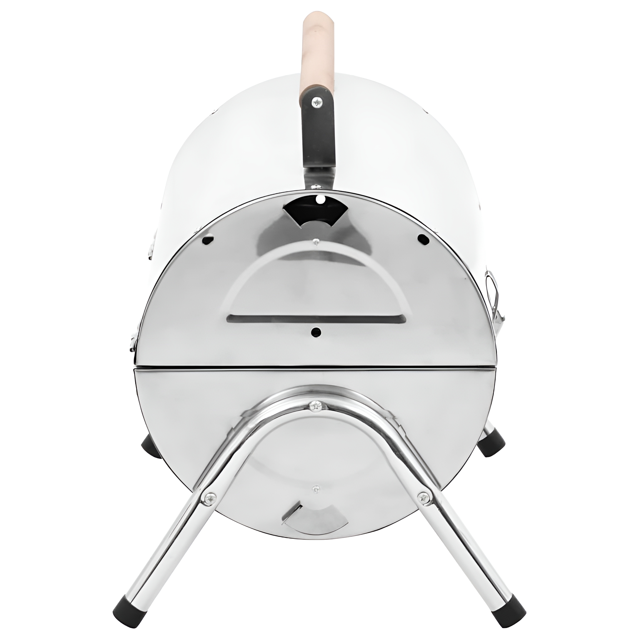 Silberner, runder Holzkohlegrill. Ein Holzgriff und Füße sind sichtbar. Das Design ist kompakt.