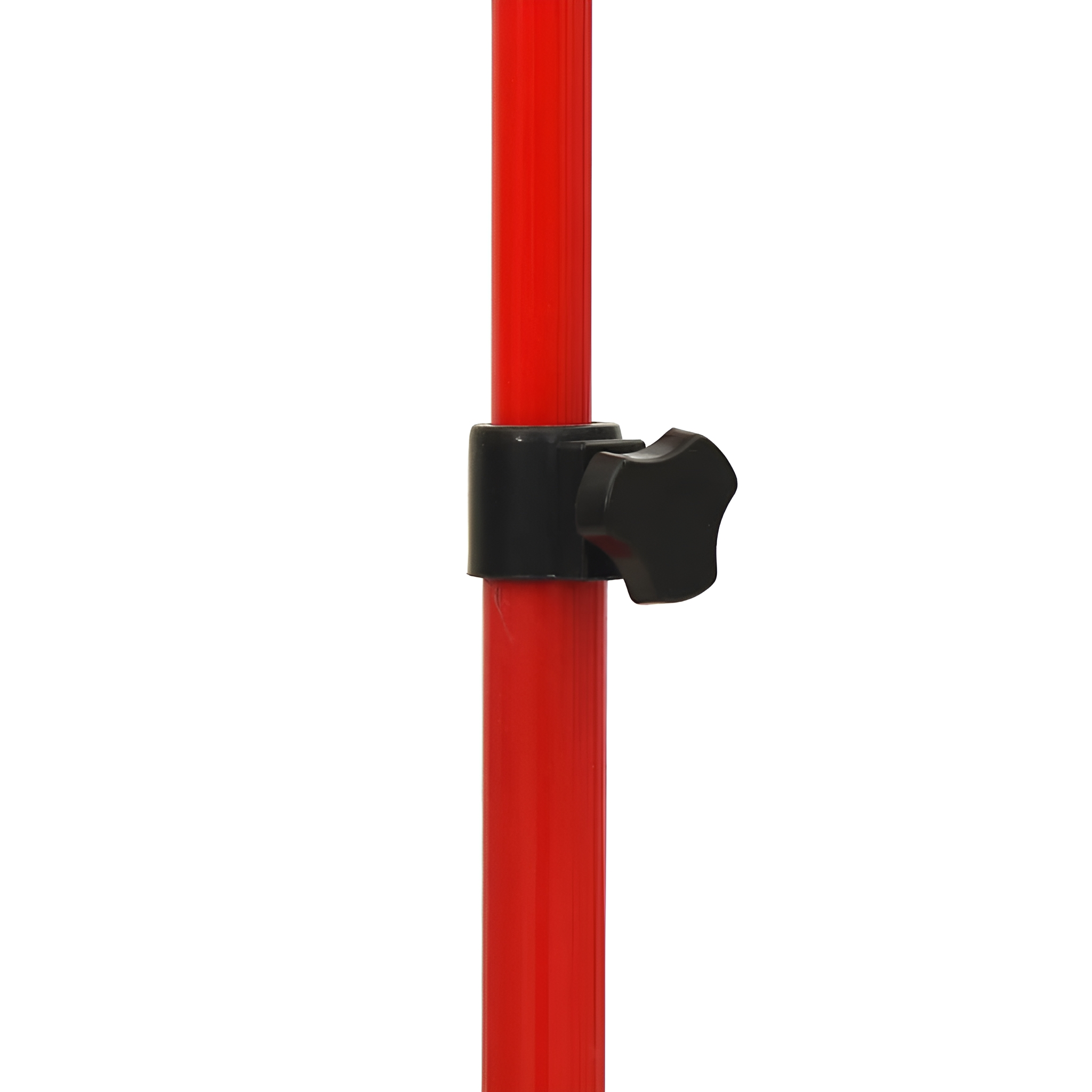 Eine rote Stange mit einer schwarzen verstellbaren Klemme. Der Hintergrund ist ein leerer weißer Raum.