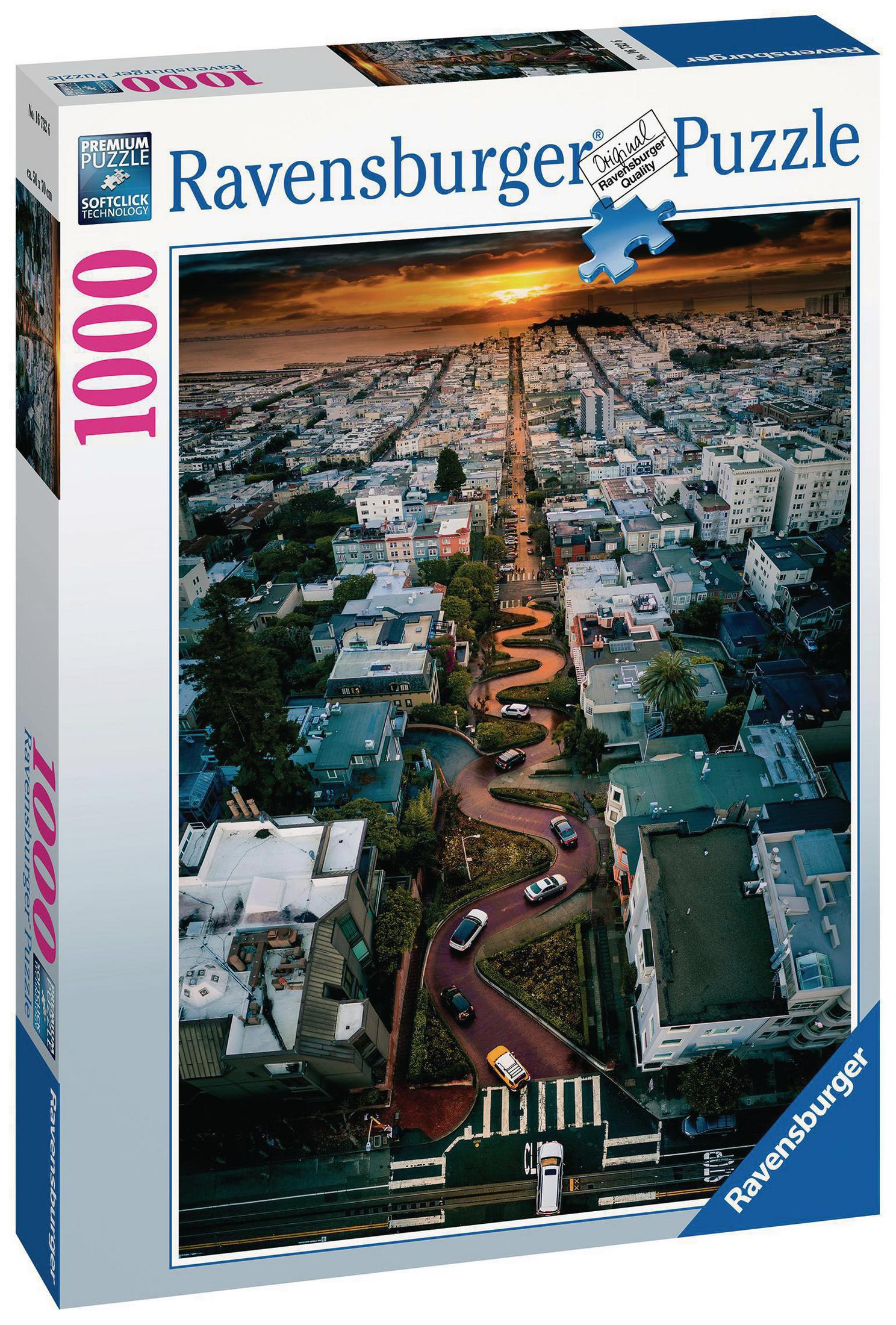 Ravensburger 1000-Teile-Puzzledose. Das Bild zeigt eine Straße in San Francisco, die sich windet.