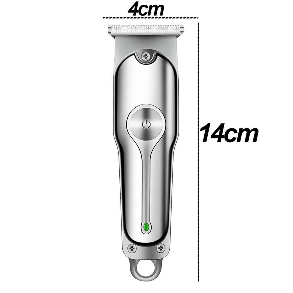 Ein silberner und grauer elektrischer Haarschneider mit Maßen (4cm x 14cm).