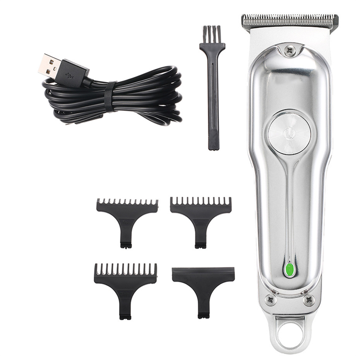 Ein silberner Haarschneider mit Aufsätzen und einem USB-Kabel.
