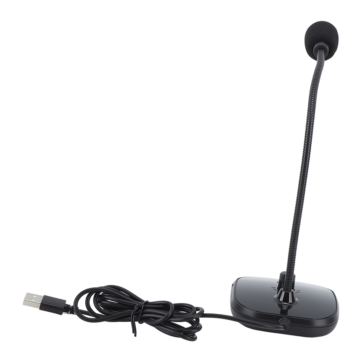 Schwarzes USB-Mikrofon. Flexibler Schwanenhals, runder Kopf, Sockel und USB-Kabel. Weißer Hintergrund.