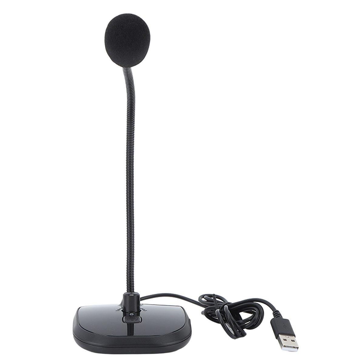 Ein schwarzes USB-Mikrofon mit flexiblem Hals, das auf einem schwarzen Sockel steht, und ein Kabel.