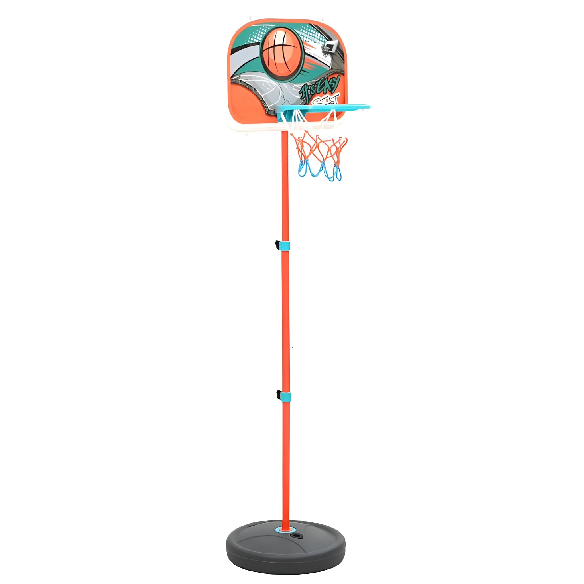 Roter und orangener Basketballkorb auf weißem Hintergrund. Der Korb steht auf einer roten Stange mit schwarzem Fuß.