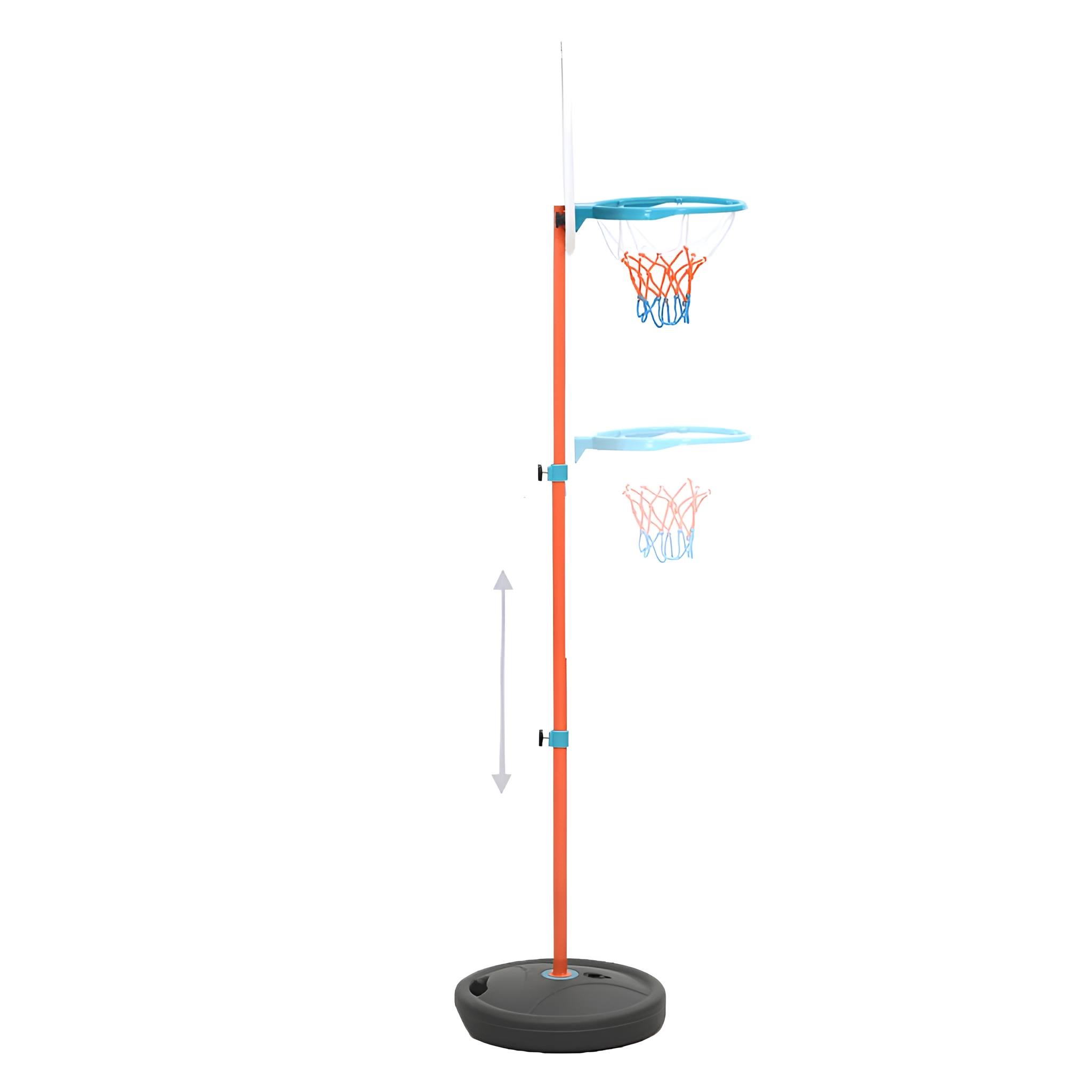 Basketballkorb für den Außenbereich mit zwei Körben. Ein roter Pfosten und eine schwarze Basis.