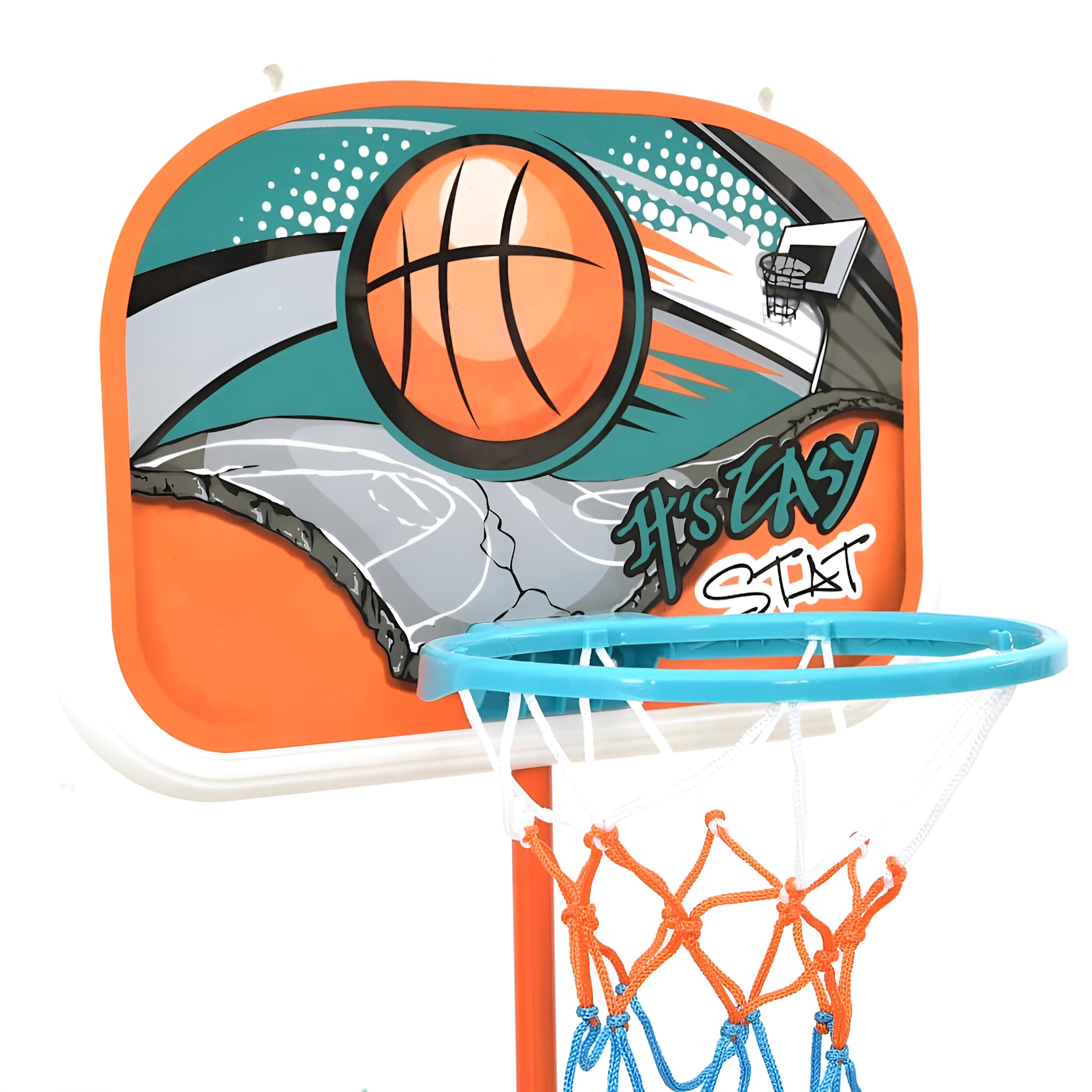 Basketballkorb mit einer Tafel mit der Aufschrift "It's Easy STAT", Ball und Netz.