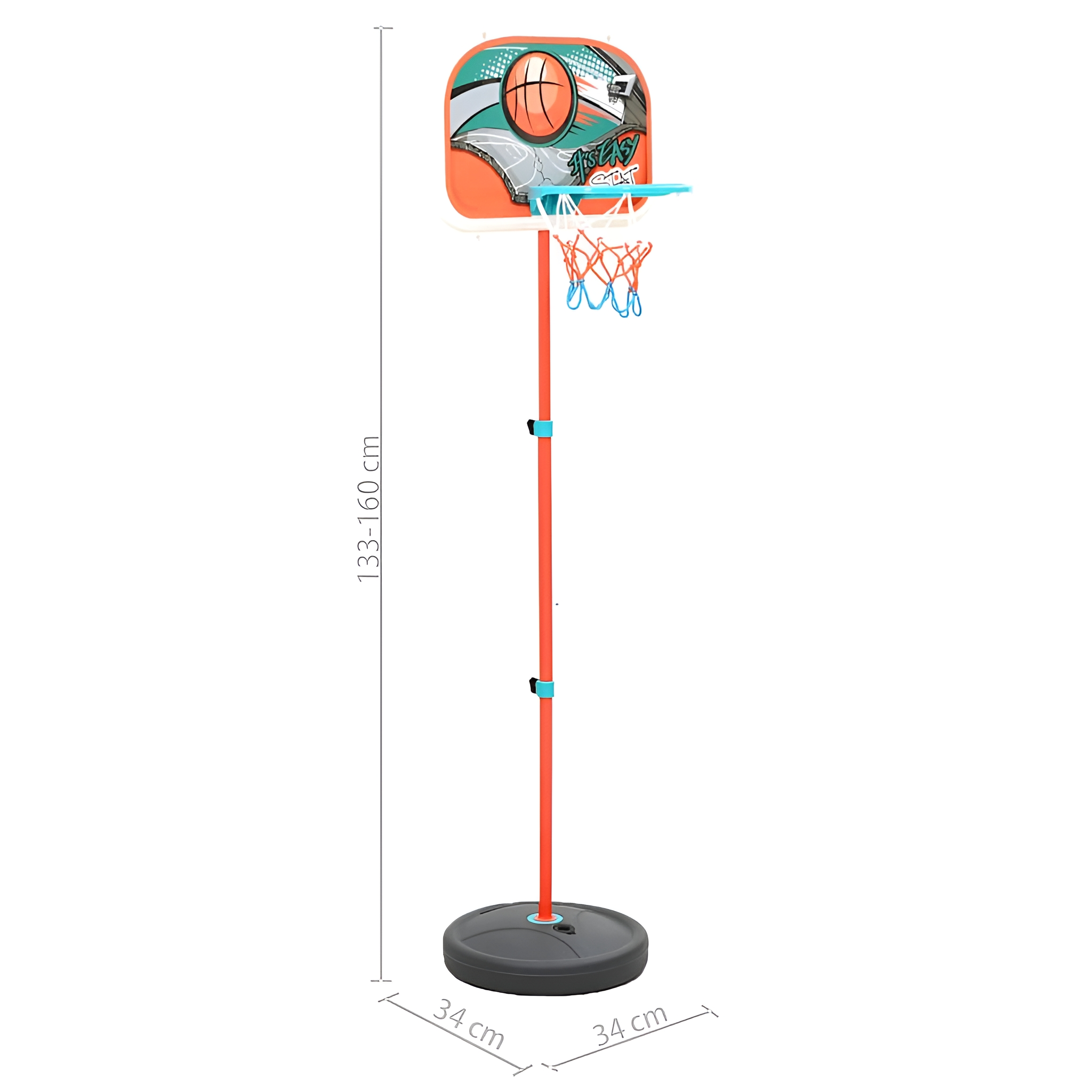 Ein hoher Basketballkorb mit Rückwand, Netz und verstellbarer Höhe.