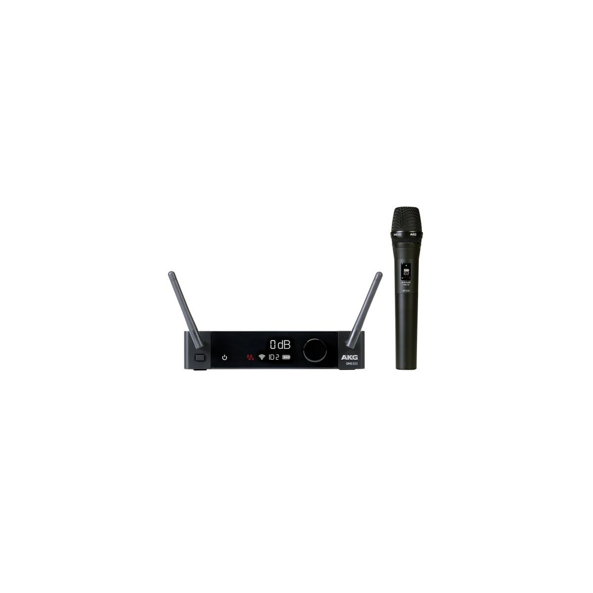 Un set di microfoni wireless con un ricevitore e un microfono palmare. Entrambi sono neri con antenne.