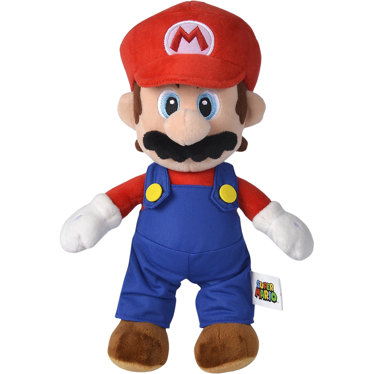 Mario pluche speelgoed, rode hoed, blauwe overall, zwarte achtergrond.