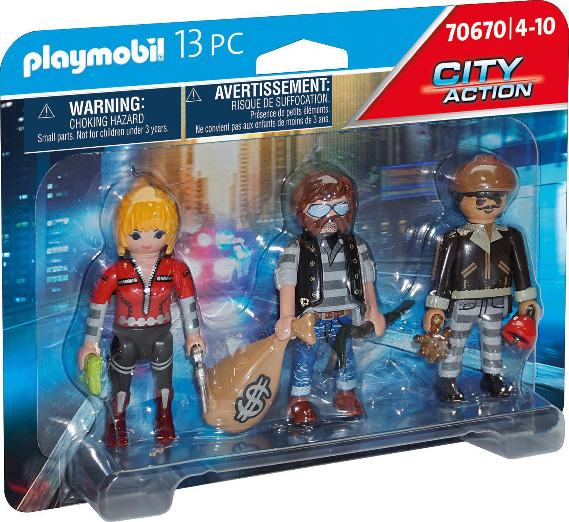 Playmobil-Set mit drei Figuren: Frau, Mann und Gefangener mit Geldsack.