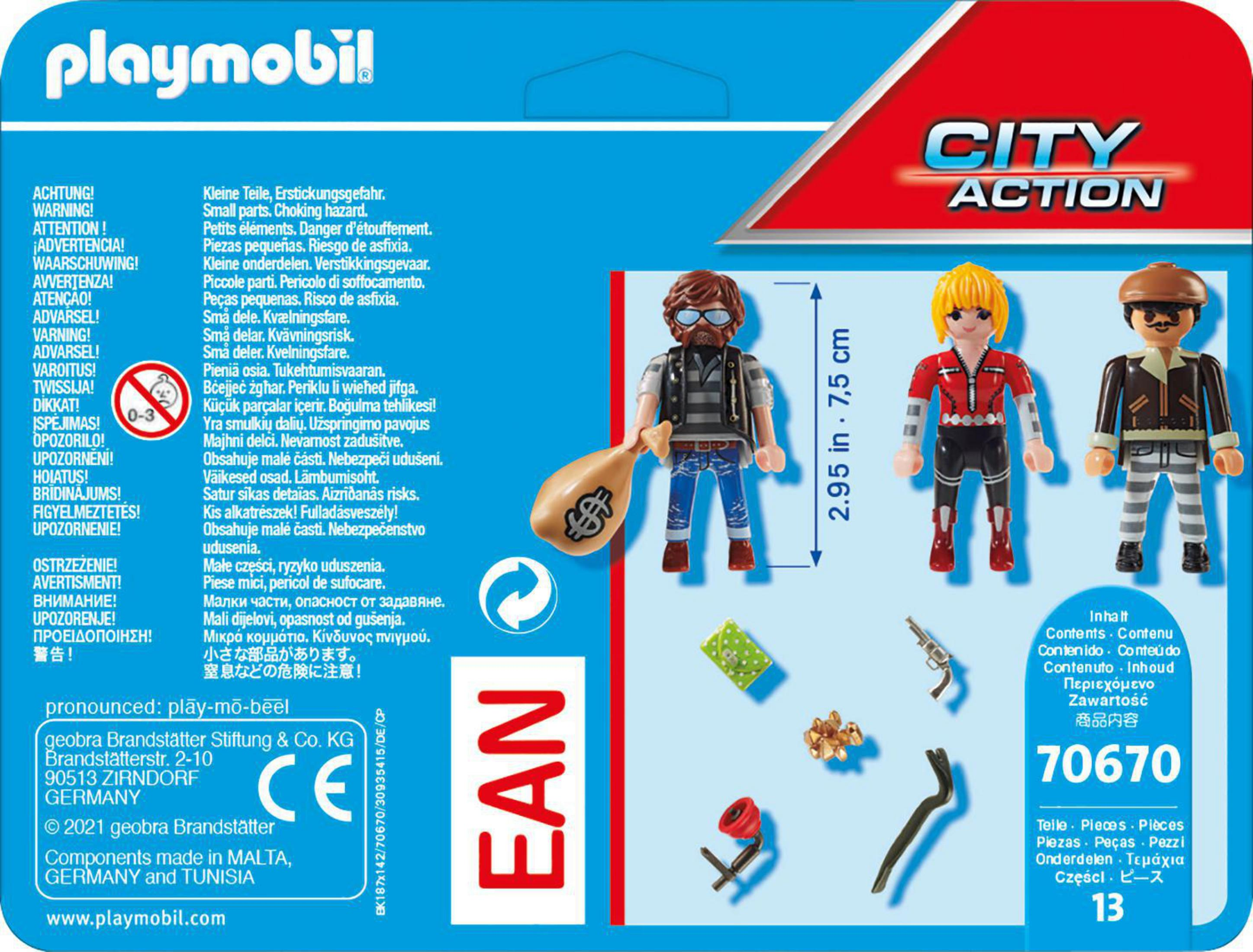 Playmobil-Boxset mit 4 Figuren und Zubehör, darunter eine Geldbörse und eine Pistole.