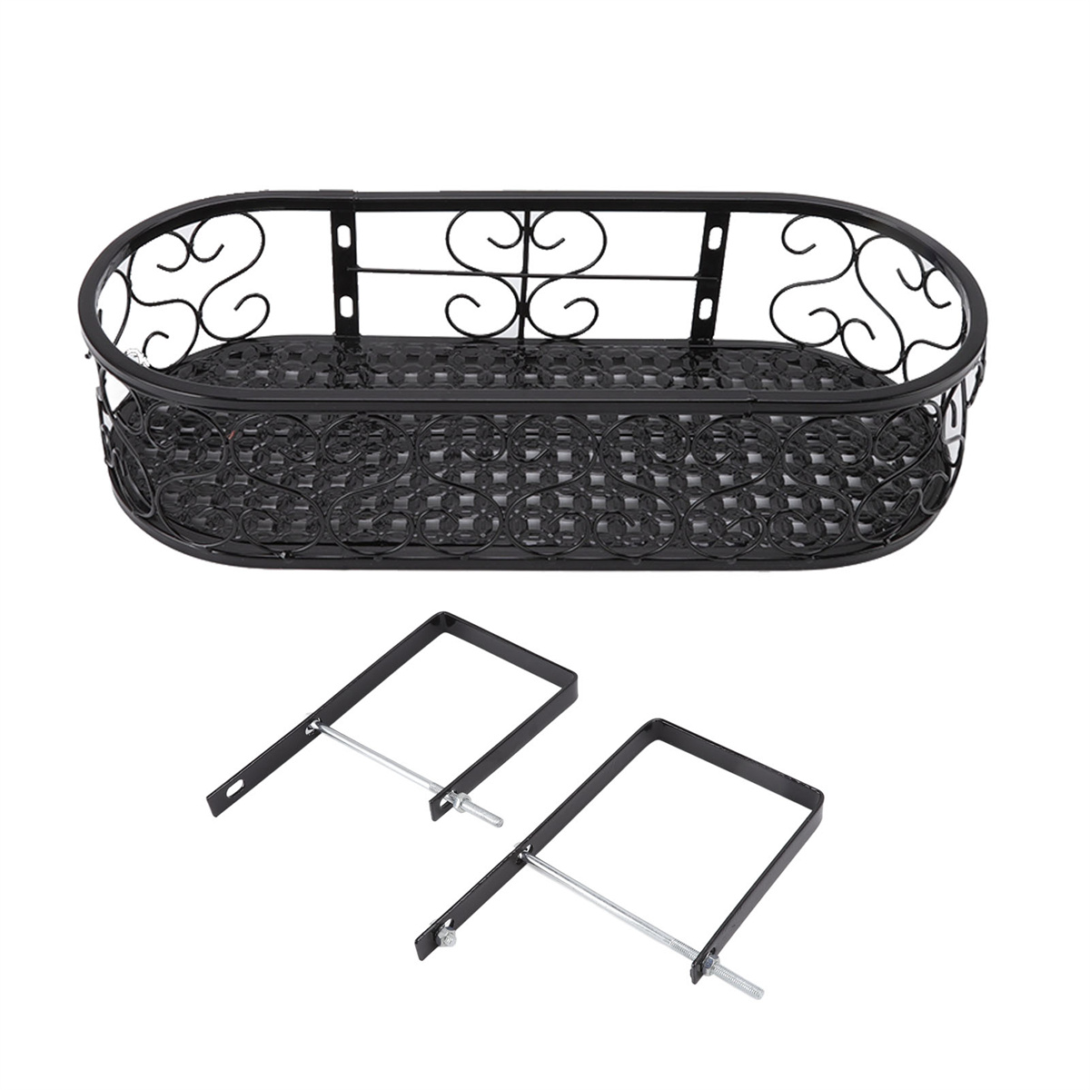 Schwarzer Metall-Balkon-Pflanzkasten mit dekorativem Design und zwei Halterungen.