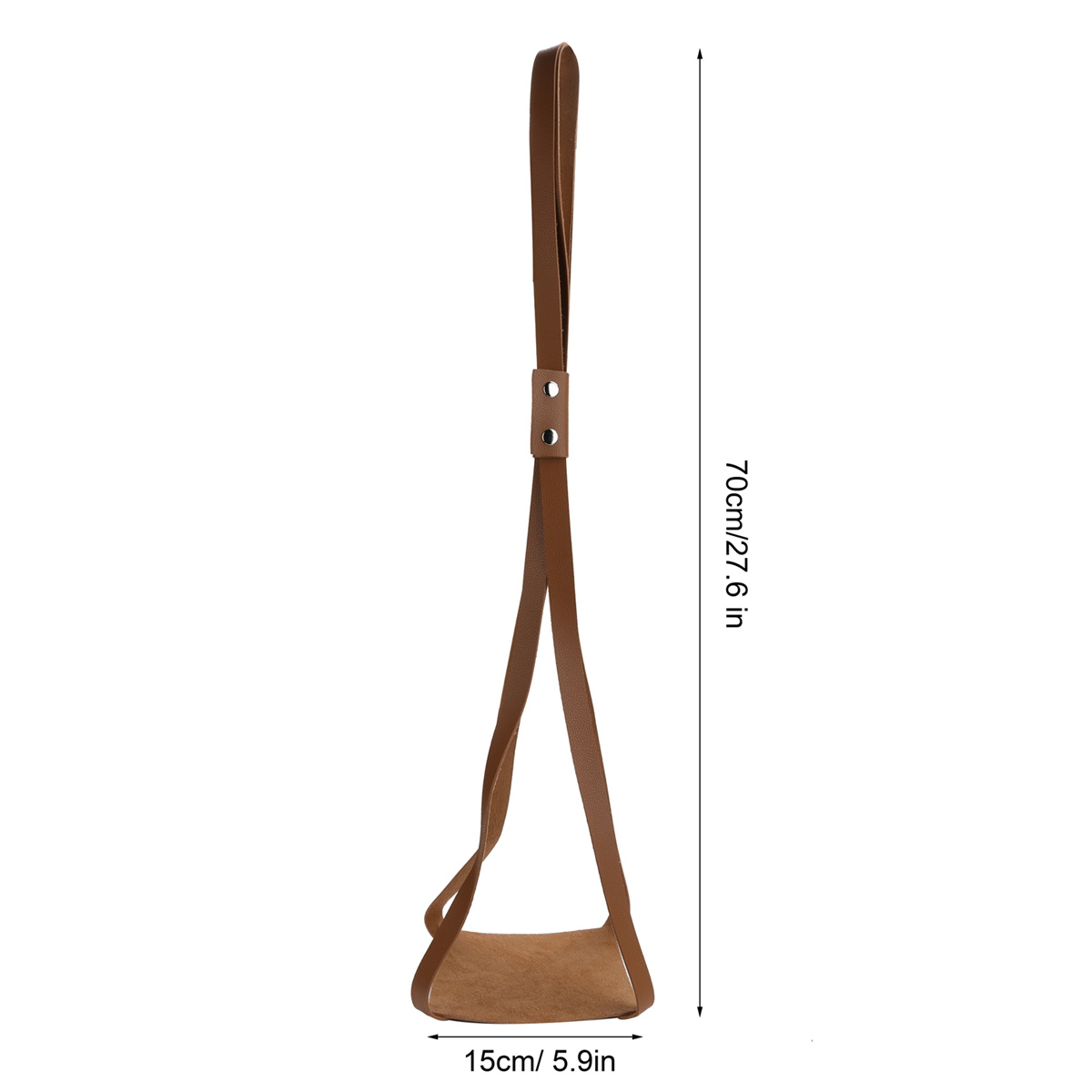 Eine braune Fuß-Hängematte mit den Maßen: 70 cm/27,6 Zoll, 15 cm/5,9 Zoll.