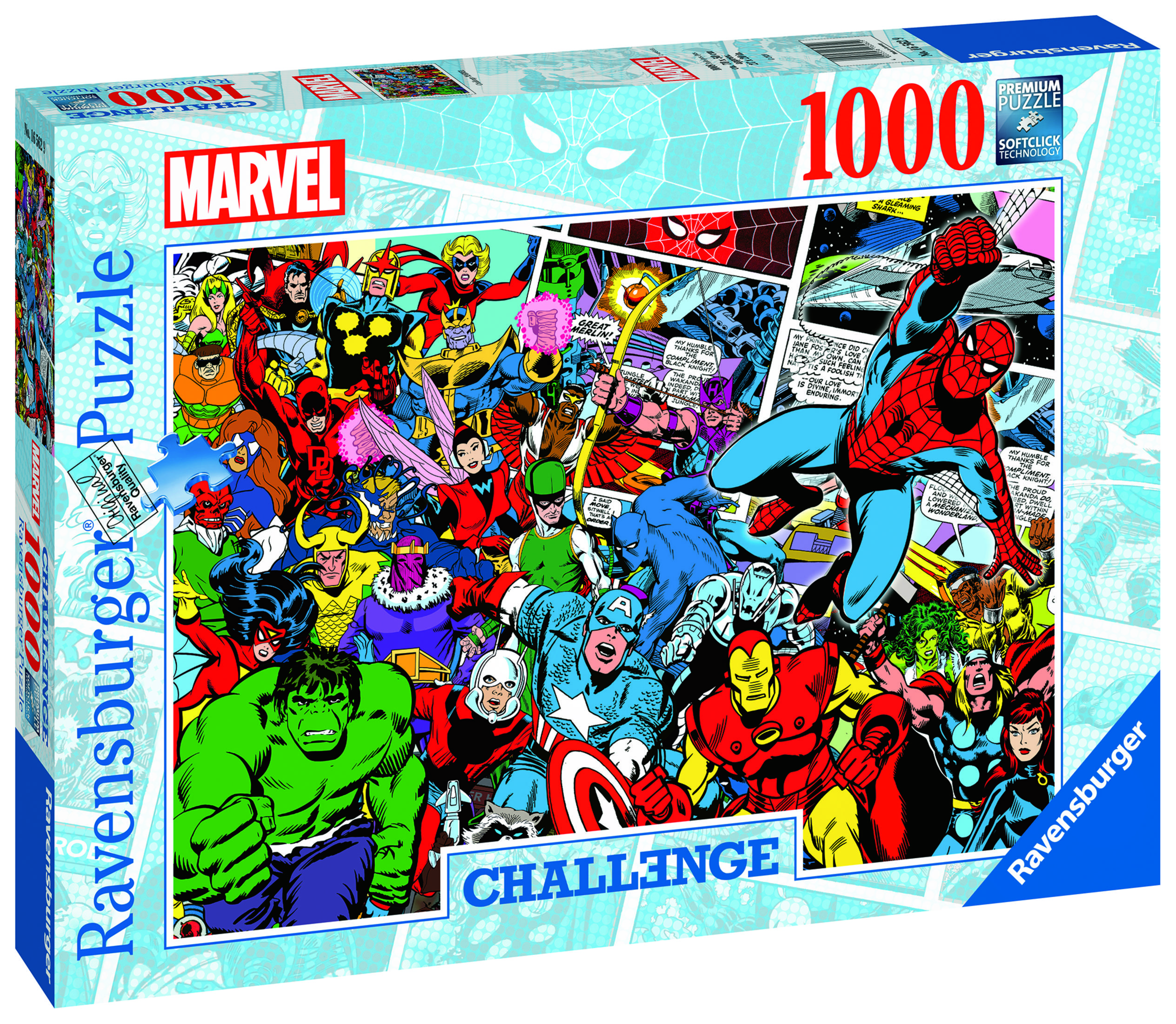 Scatola di puzzle con personaggi Marvel, tra cui Spider-Man e Capitan America, in stile fumetto.