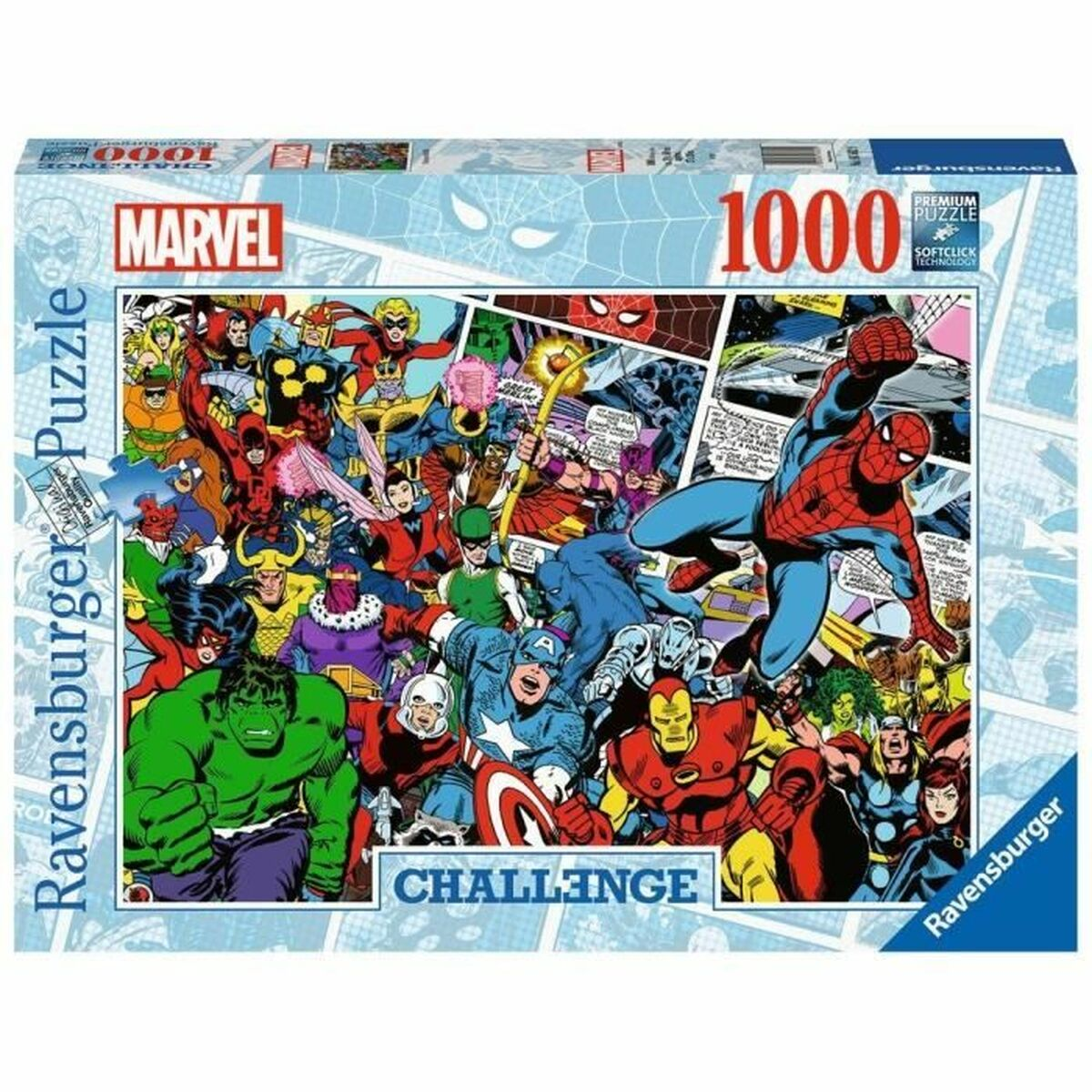 Scatola puzzle Marvel da 1000 pezzi con più supereroi in scene d'azione.